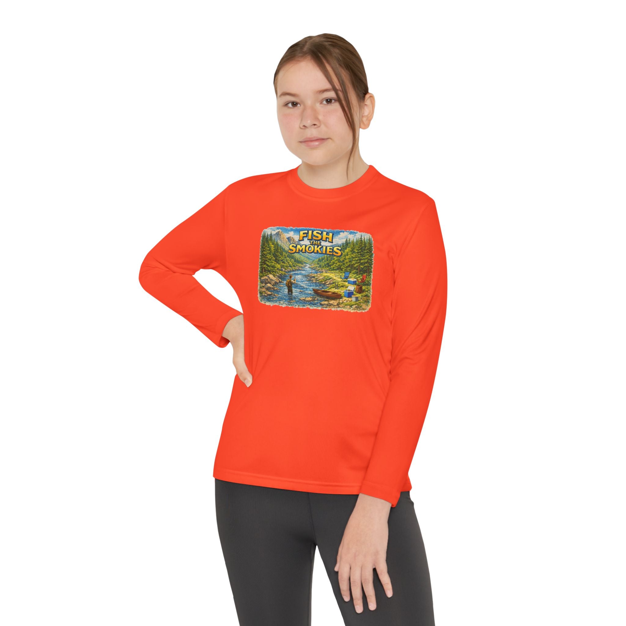 Youth Long Sleeve Tee - 'Fish Smokies' Scenic Fishing River Graphic