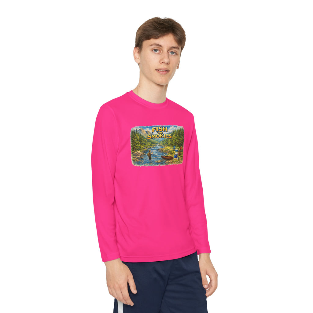 Youth Long Sleeve Tee - 'Fish Smokies' Scenic Fishing River Graphic