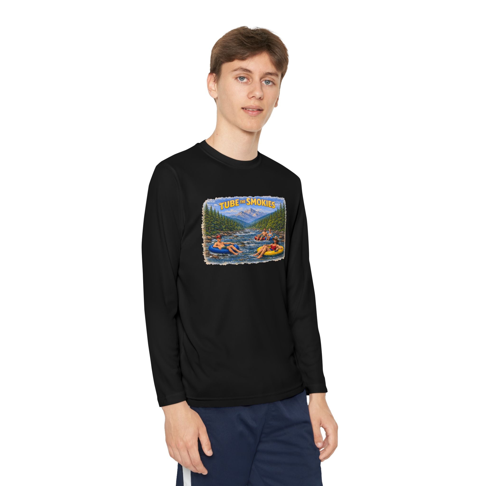 Youth Long Sleeve Tee — Tube the Smokies River Tubing Graphic