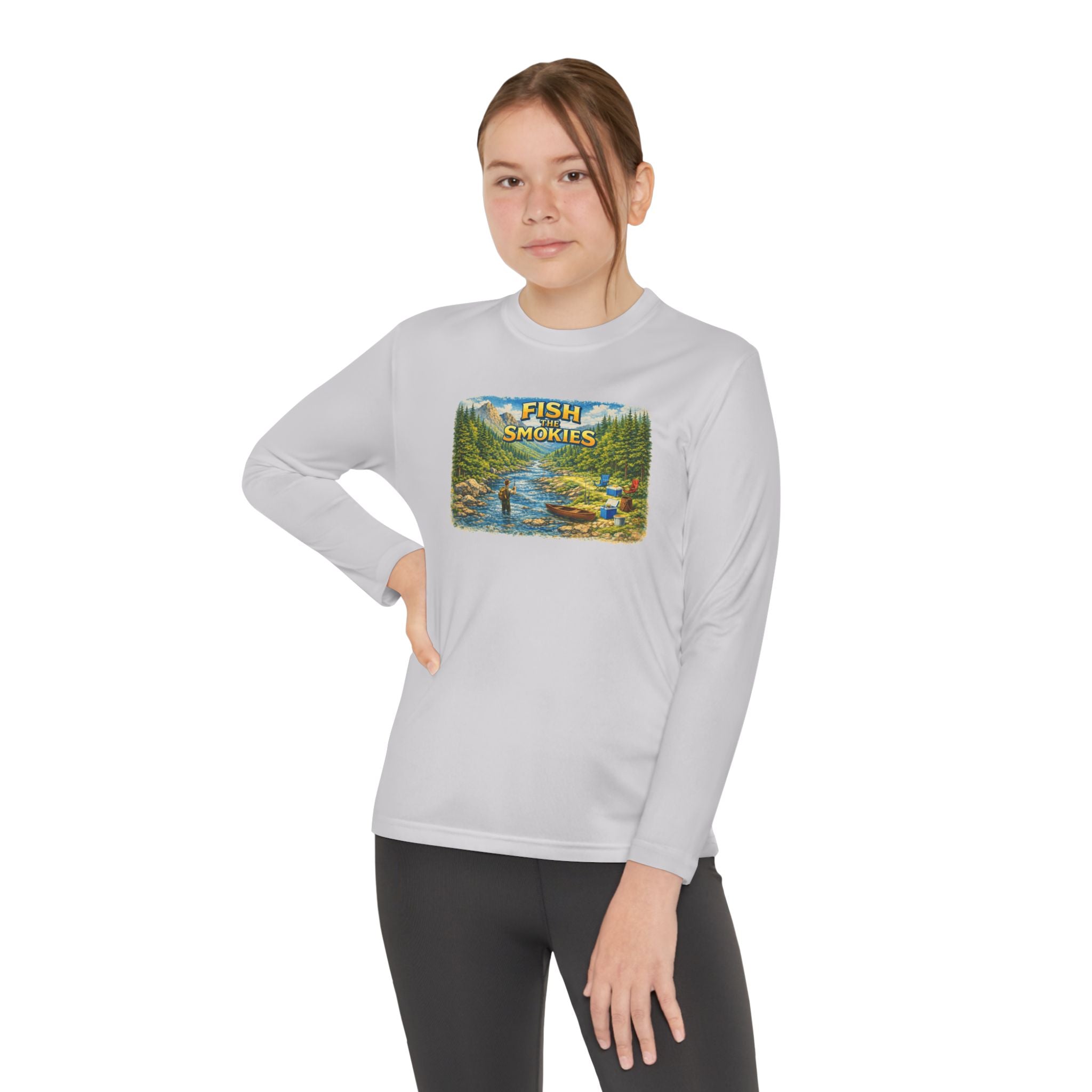 Youth Long Sleeve Tee - 'Fish Smokies' Scenic Fishing River Graphic
