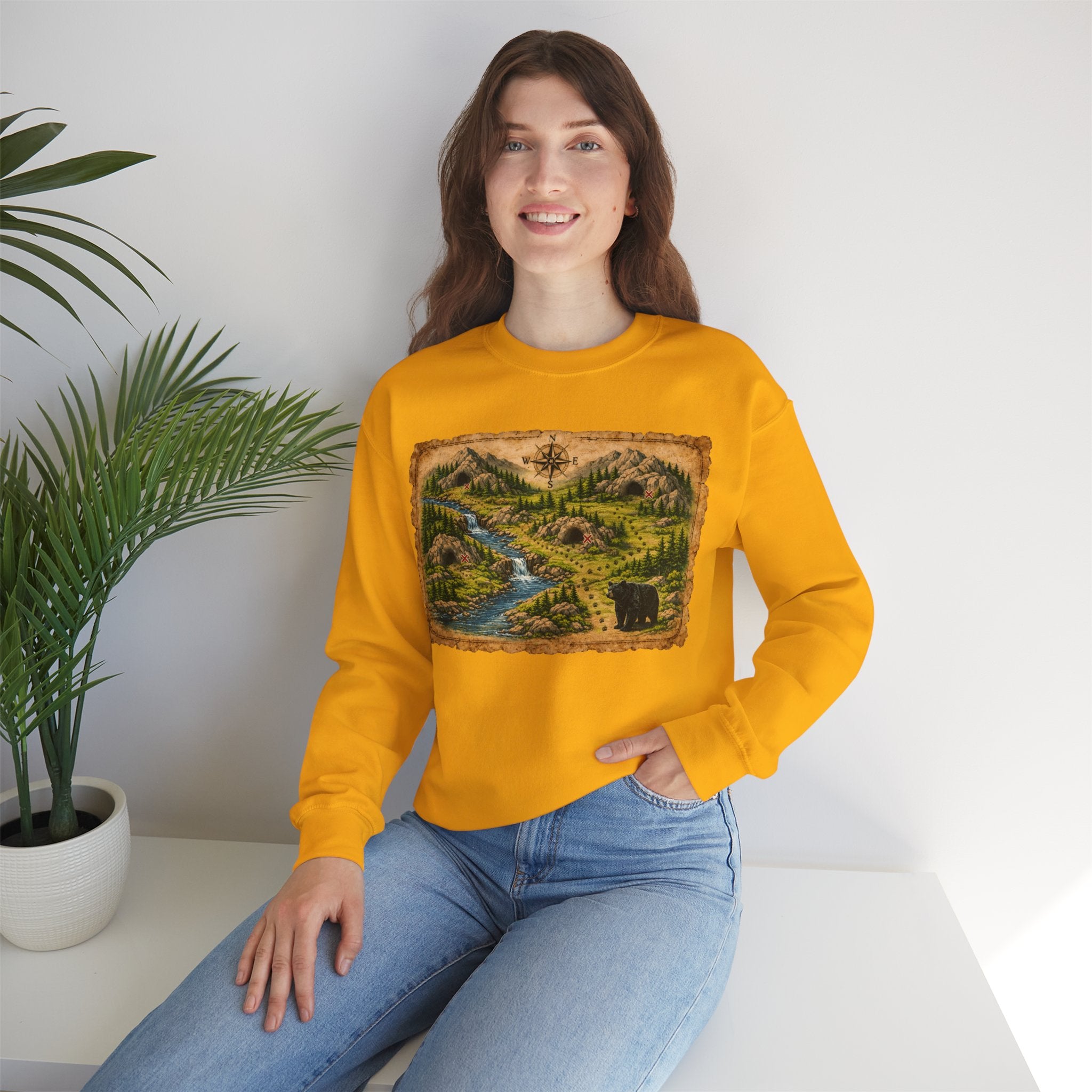 Bear Cave Treasure Map Unisex Crewneck Sweatshirt — Vintage Wilderness Map Graphic