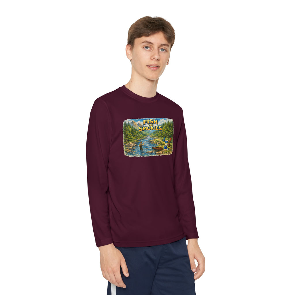 Youth Long Sleeve Tee - 'Fish Smokies' Scenic Fishing River Graphic