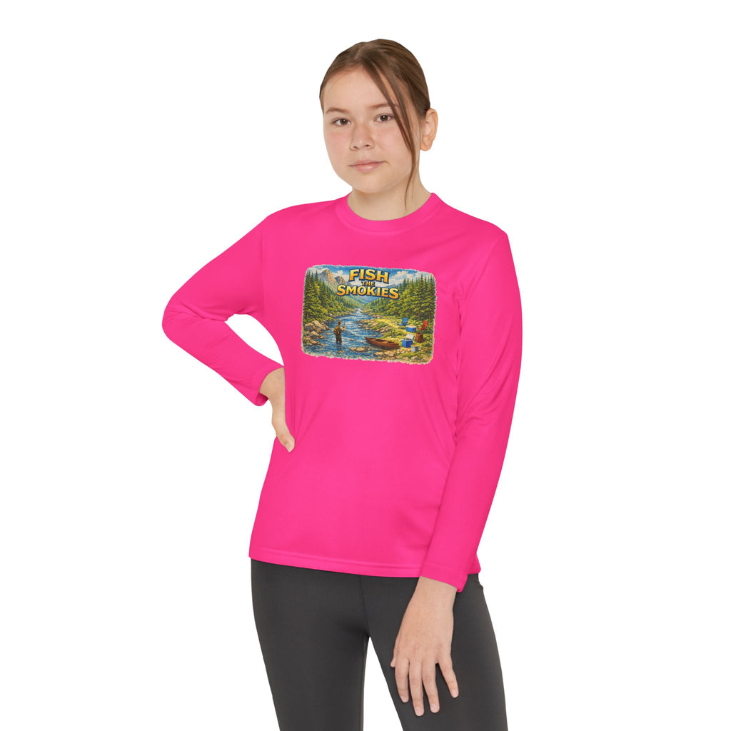Youth Long Sleeve Tee - 'Fish Smokies' Scenic Fishing River Graphic