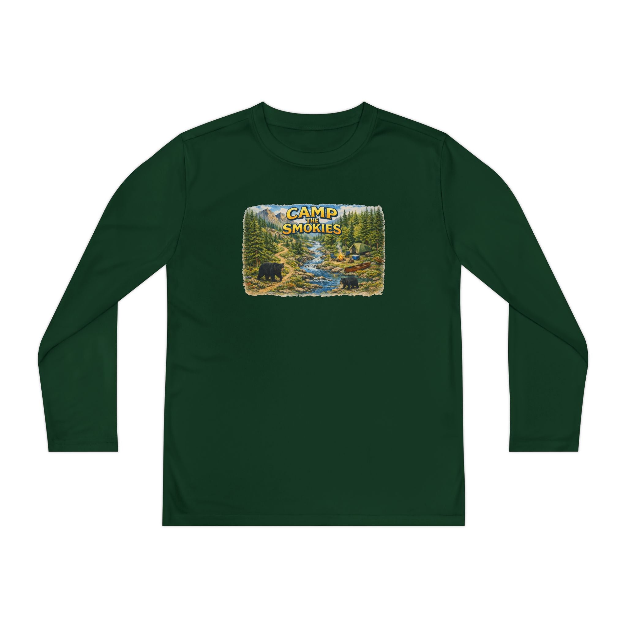 Camp Smokies Youth Long Sleeve Tee — Scenic Mountain River Camping Design