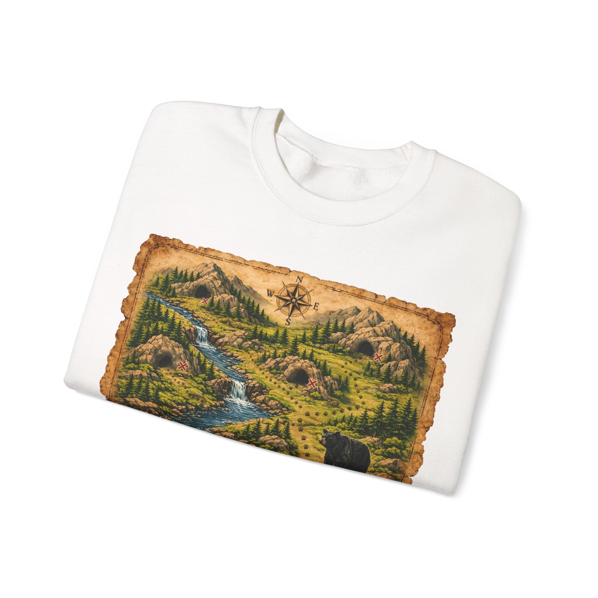 Bear Cave Treasure Map Unisex Crewneck Sweatshirt — Vintage Wilderness Map Graphic
