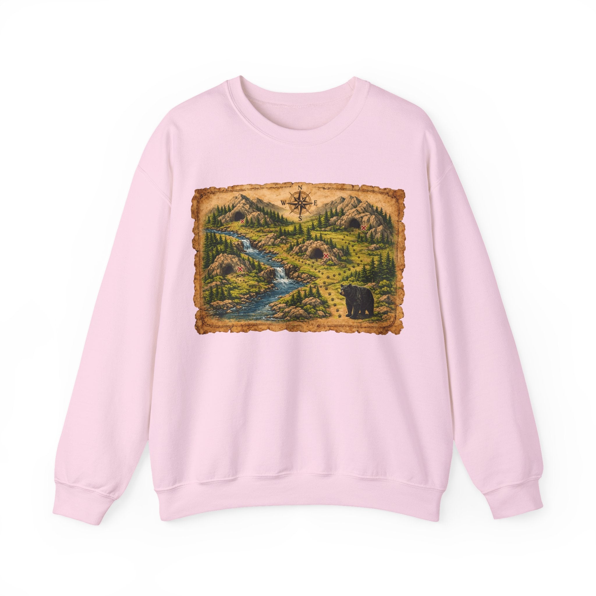 Bear Cave Treasure Map Unisex Crewneck Sweatshirt — Vintage Wilderness Map Graphic