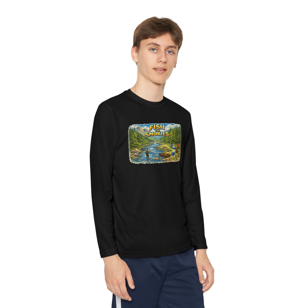 Youth Long Sleeve Tee - 'Fish Smokies' Scenic Fishing River Graphic