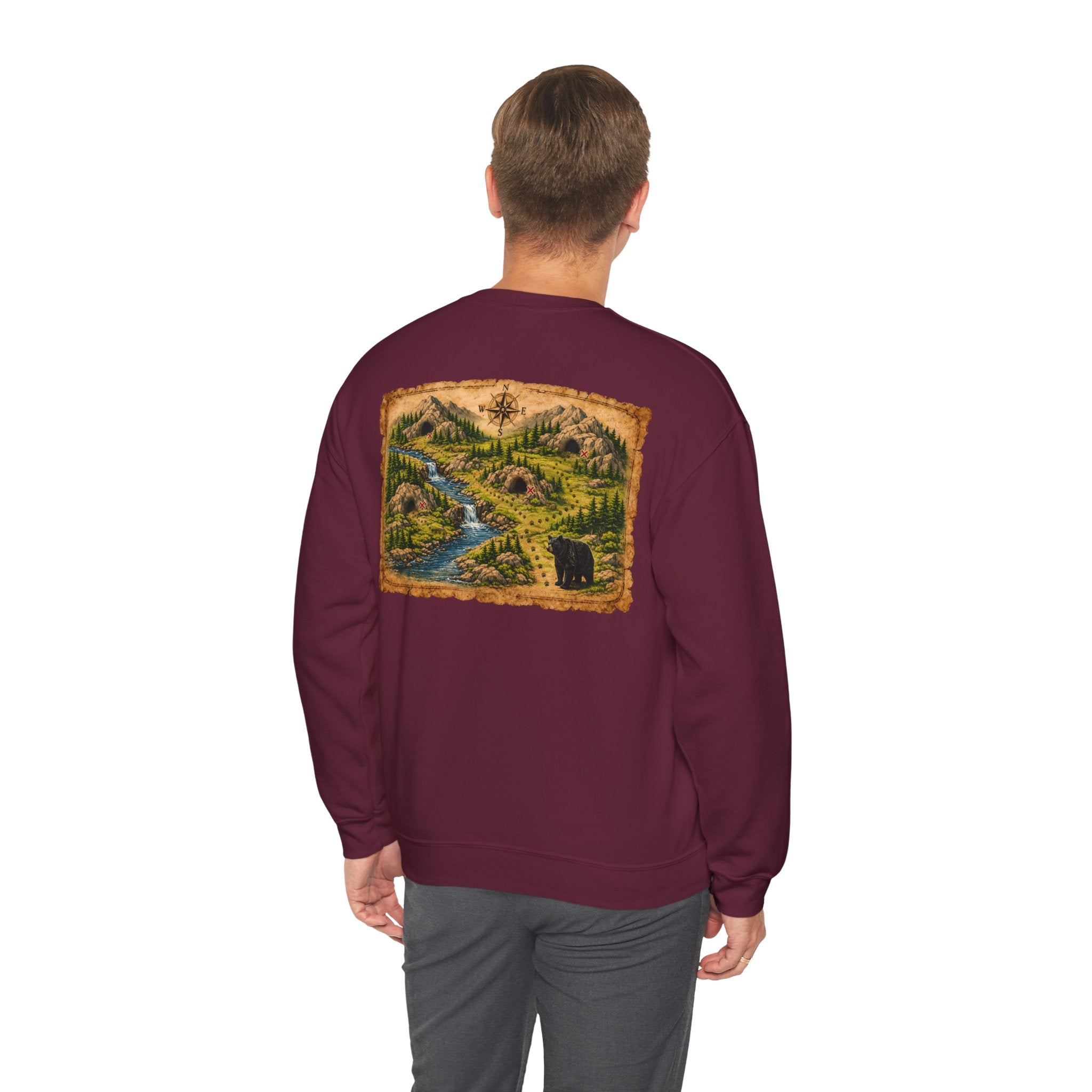 Bear Cave Treasure Map Unisex Crewneck Sweatshirt — Vintage Wilderness Map Graphic