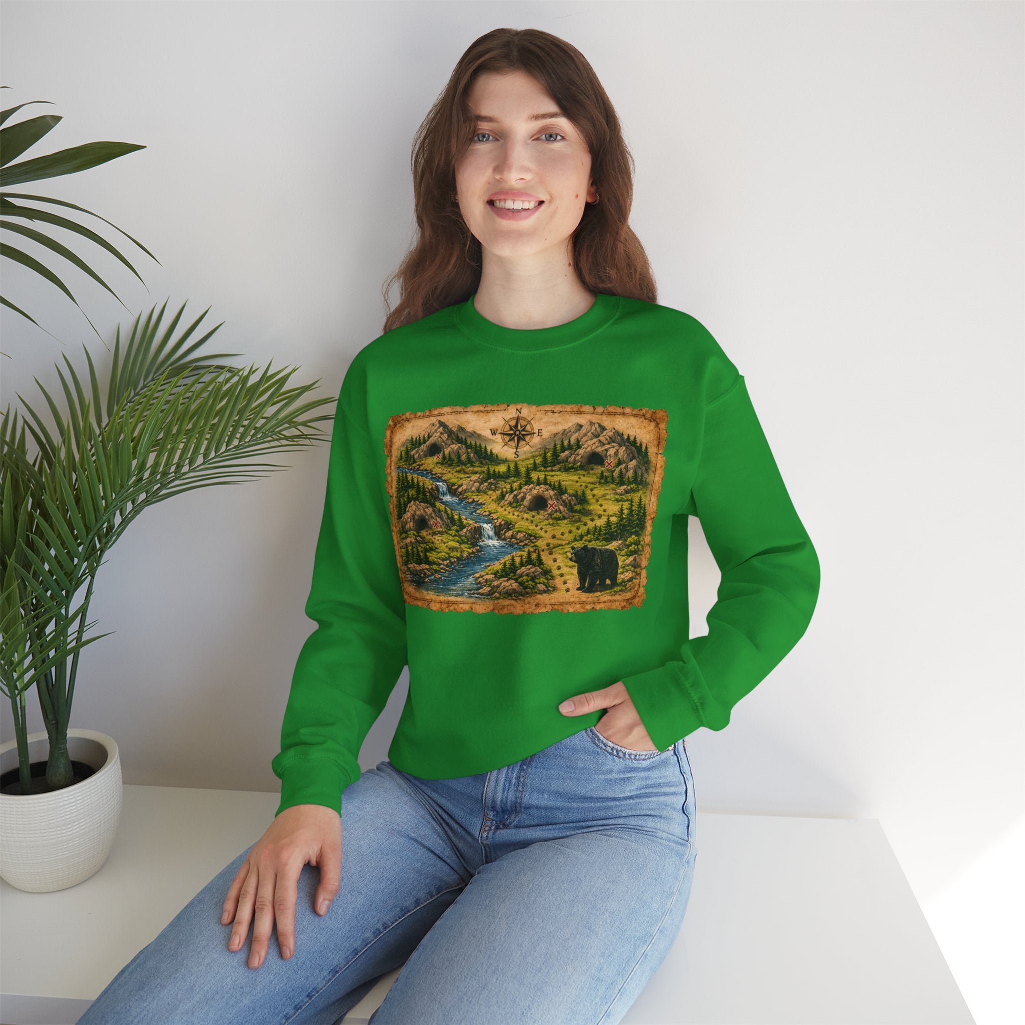Bear Cave Treasure Map Unisex Crewneck Sweatshirt — Vintage Wilderness Map Graphic