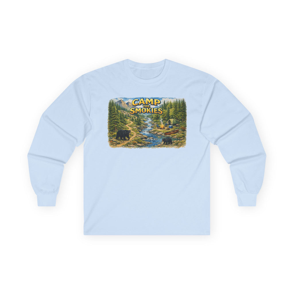 Camp The Smokies Scenic Long Sleeve Unisex Tee — Mountain Camping Bear Graphic