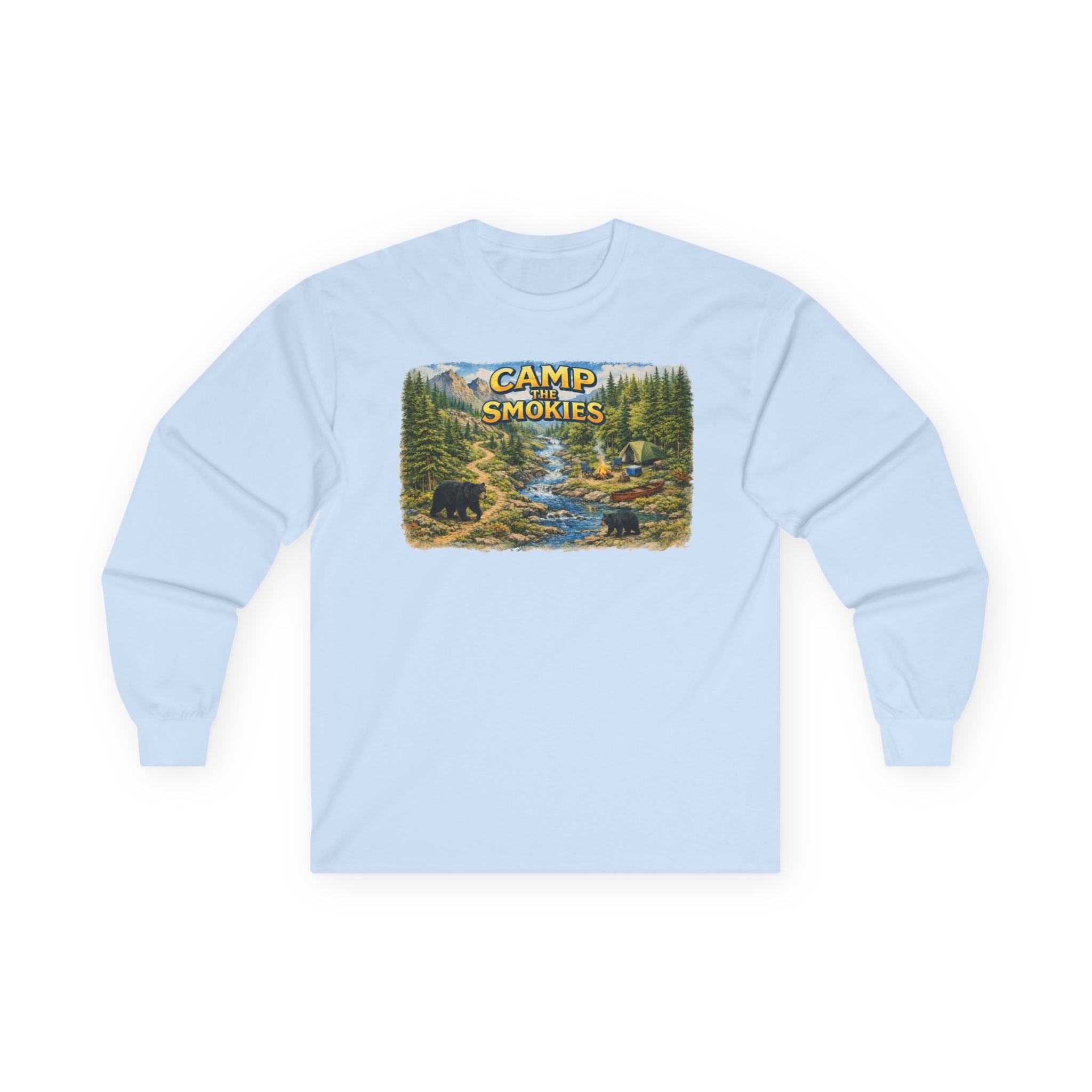 Camp The Smokies Scenic Long Sleeve Unisex Tee — Mountain Camping Bear Graphic
