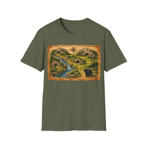 Adventure Map Unisex T-Shirt — Vintage Hiking Map with River & Bear Art