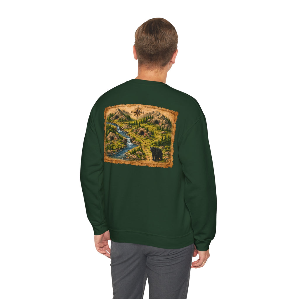 Bear Cave Treasure Map Unisex Crewneck Sweatshirt — Vintage Wilderness Map Graphic