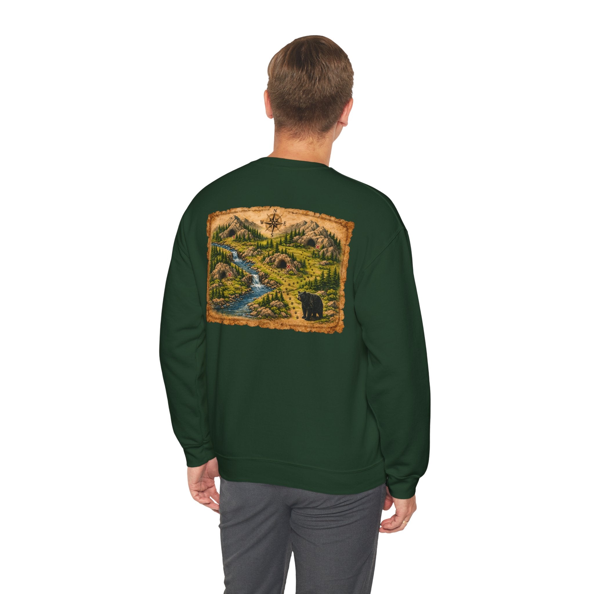 Bear Cave Treasure Map Unisex Crewneck Sweatshirt — Vintage Wilderness Map Graphic