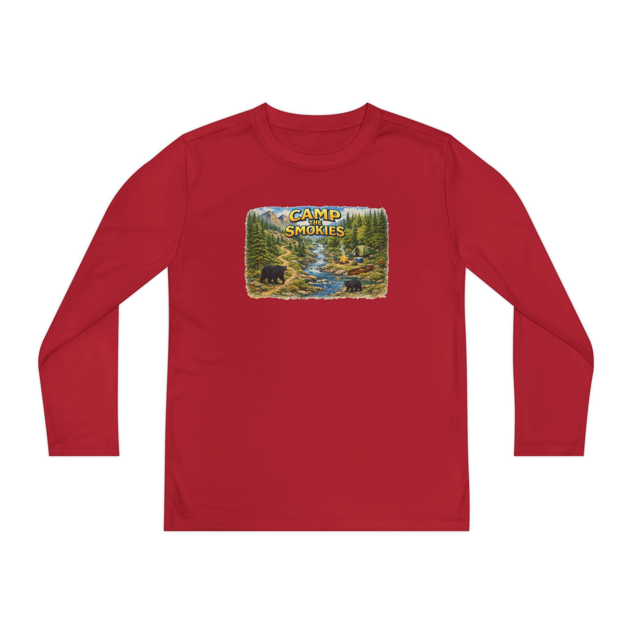 Camp Smokies Youth Long Sleeve Tee — Scenic Mountain River Camping Design