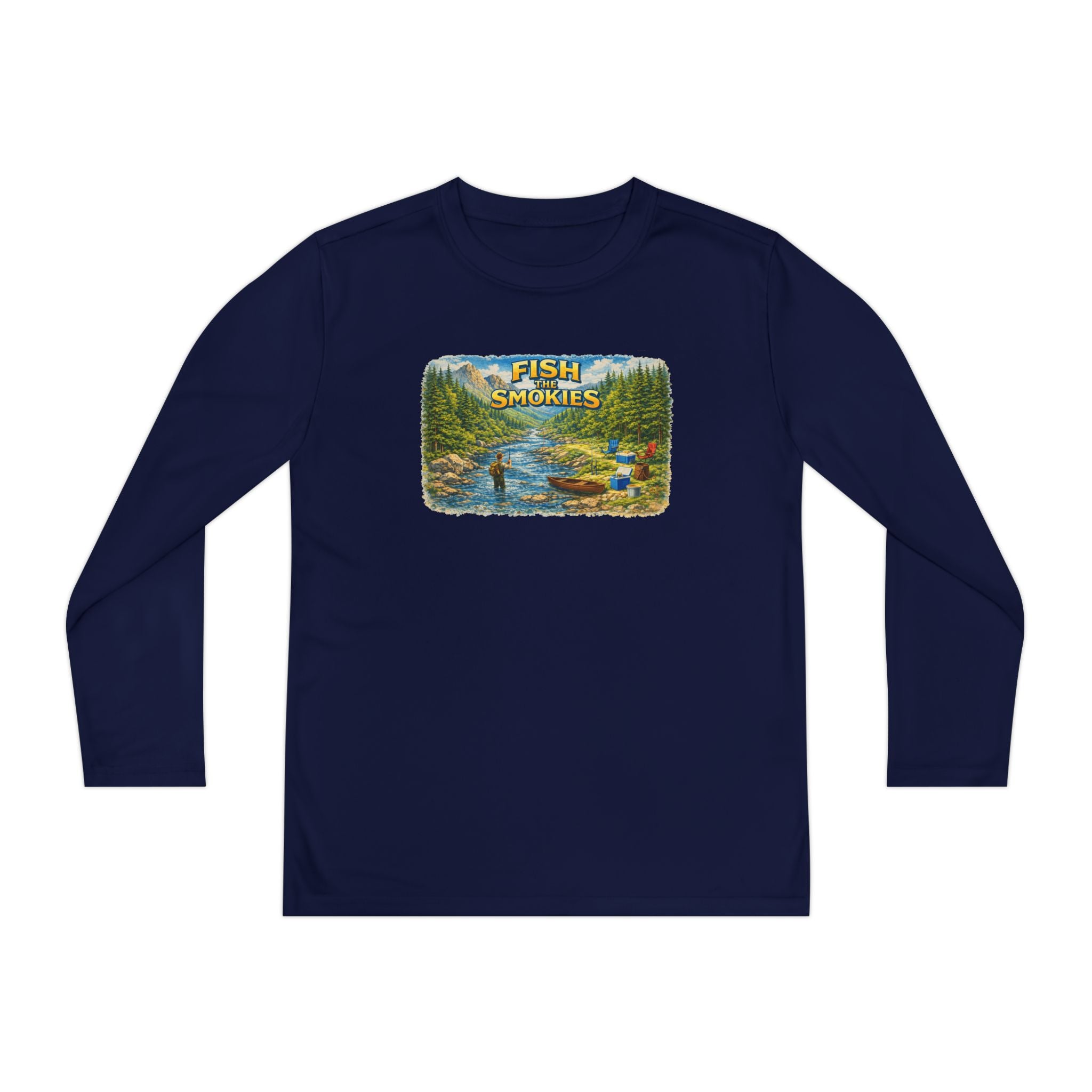 Youth Long Sleeve Tee - 'Fish Smokies' Scenic Fishing River Graphic