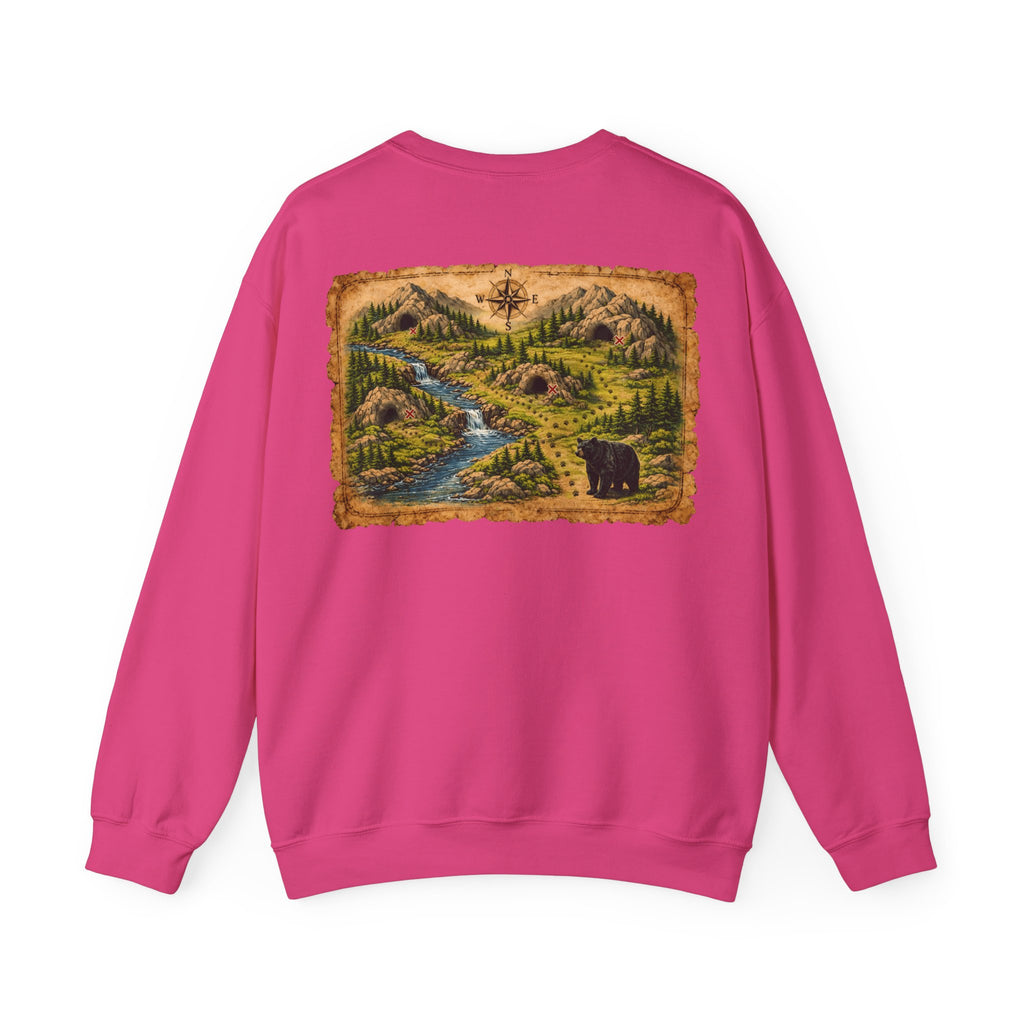 Bear Cave Treasure Map Unisex Crewneck Sweatshirt — Vintage Wilderness Map Graphic