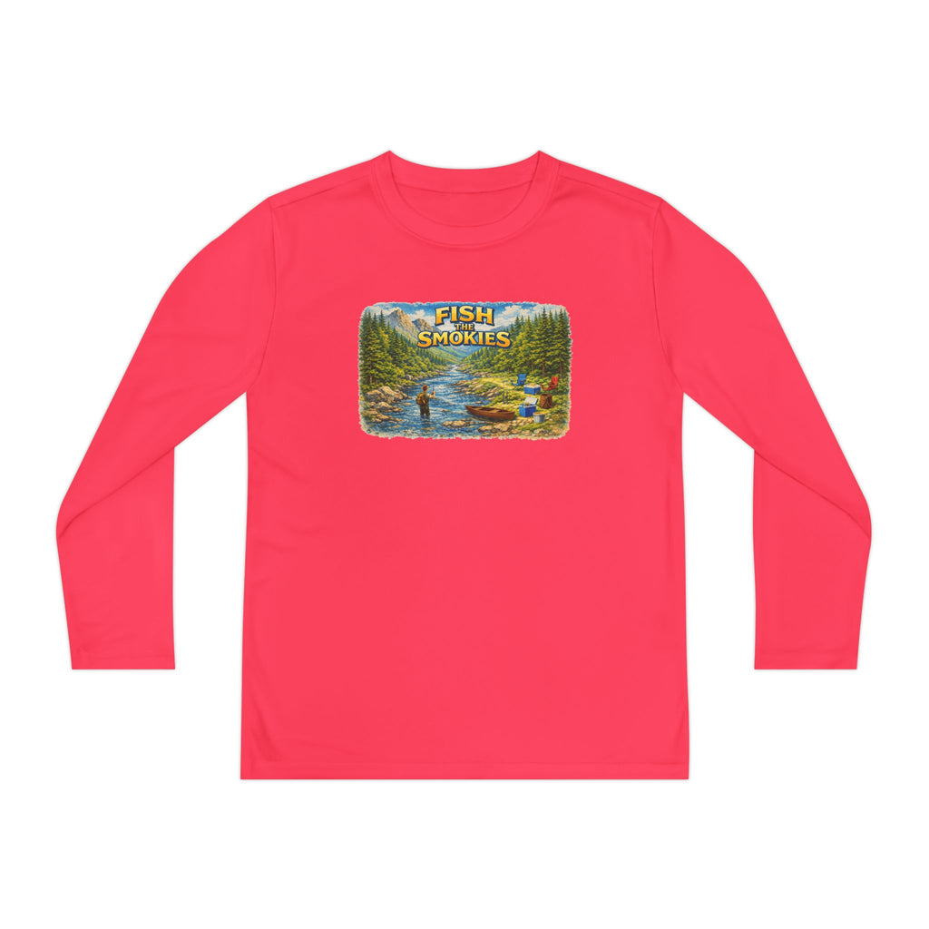 Youth Long Sleeve Tee - 'Fish Smokies' Scenic Fishing River Graphic