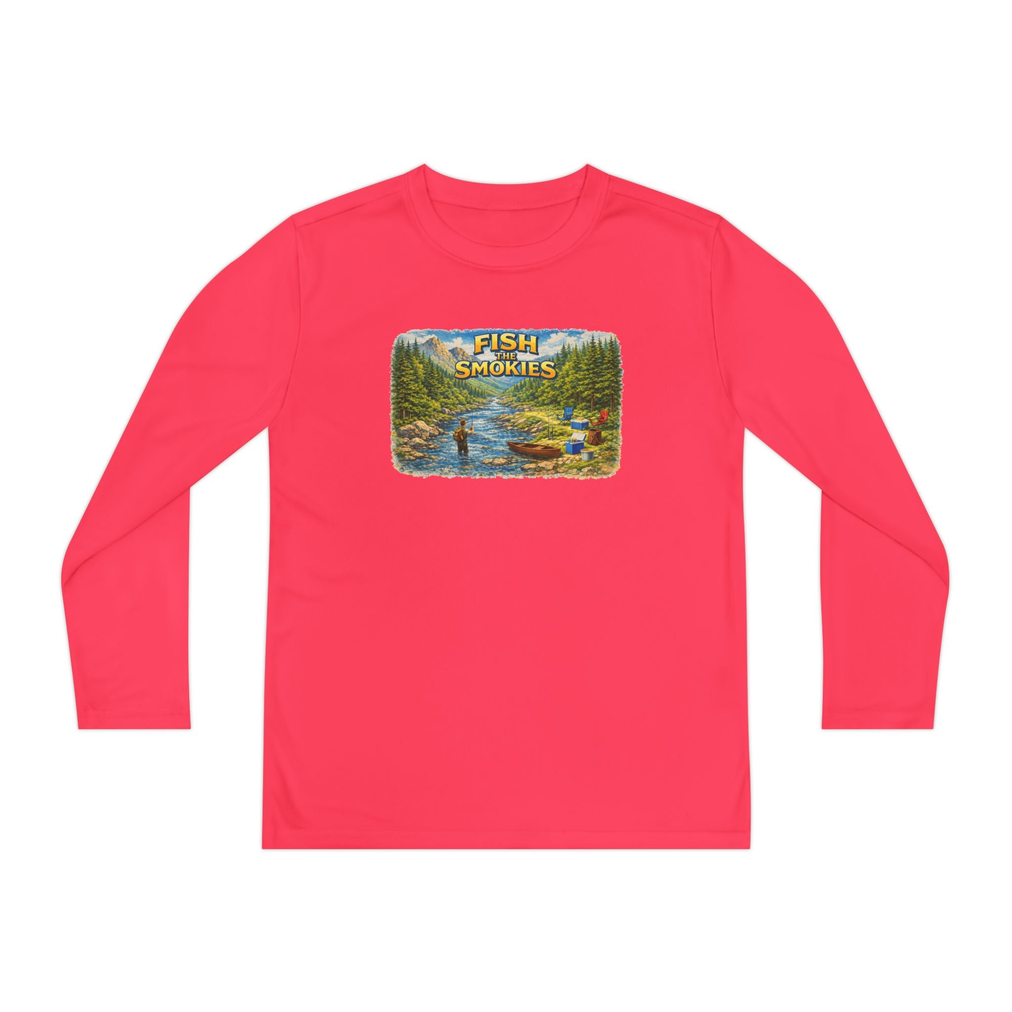 Youth Long Sleeve Tee - 'Fish Smokies' Scenic Fishing River Graphic