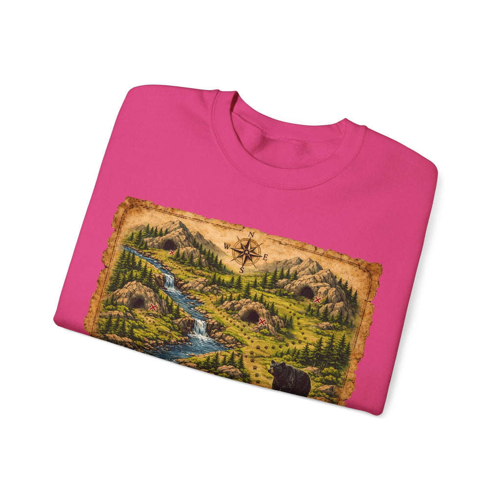 Bear Cave Treasure Map Unisex Crewneck Sweatshirt — Vintage Wilderness Map Graphic