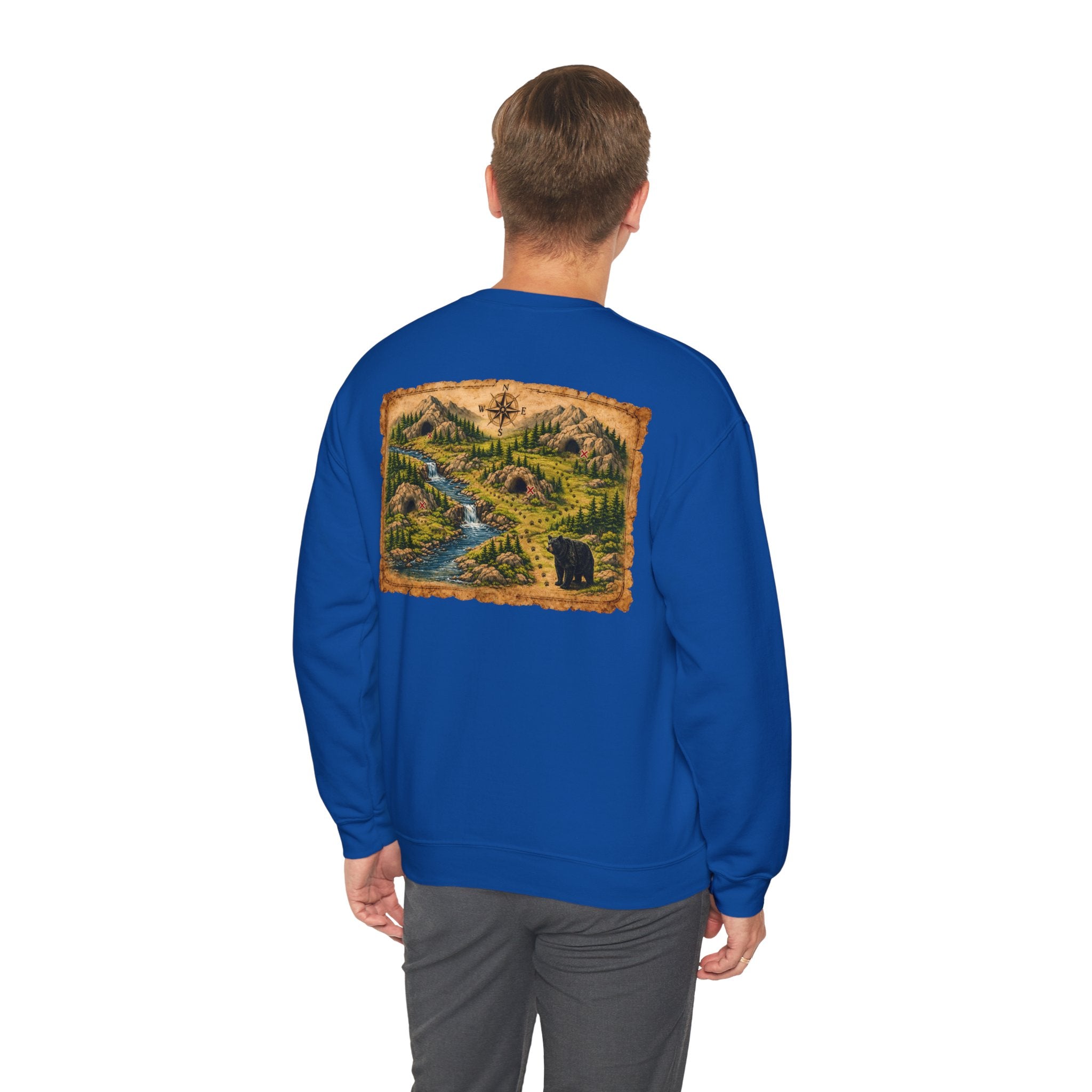 Bear Cave Treasure Map Unisex Crewneck Sweatshirt — Vintage Wilderness Map Graphic