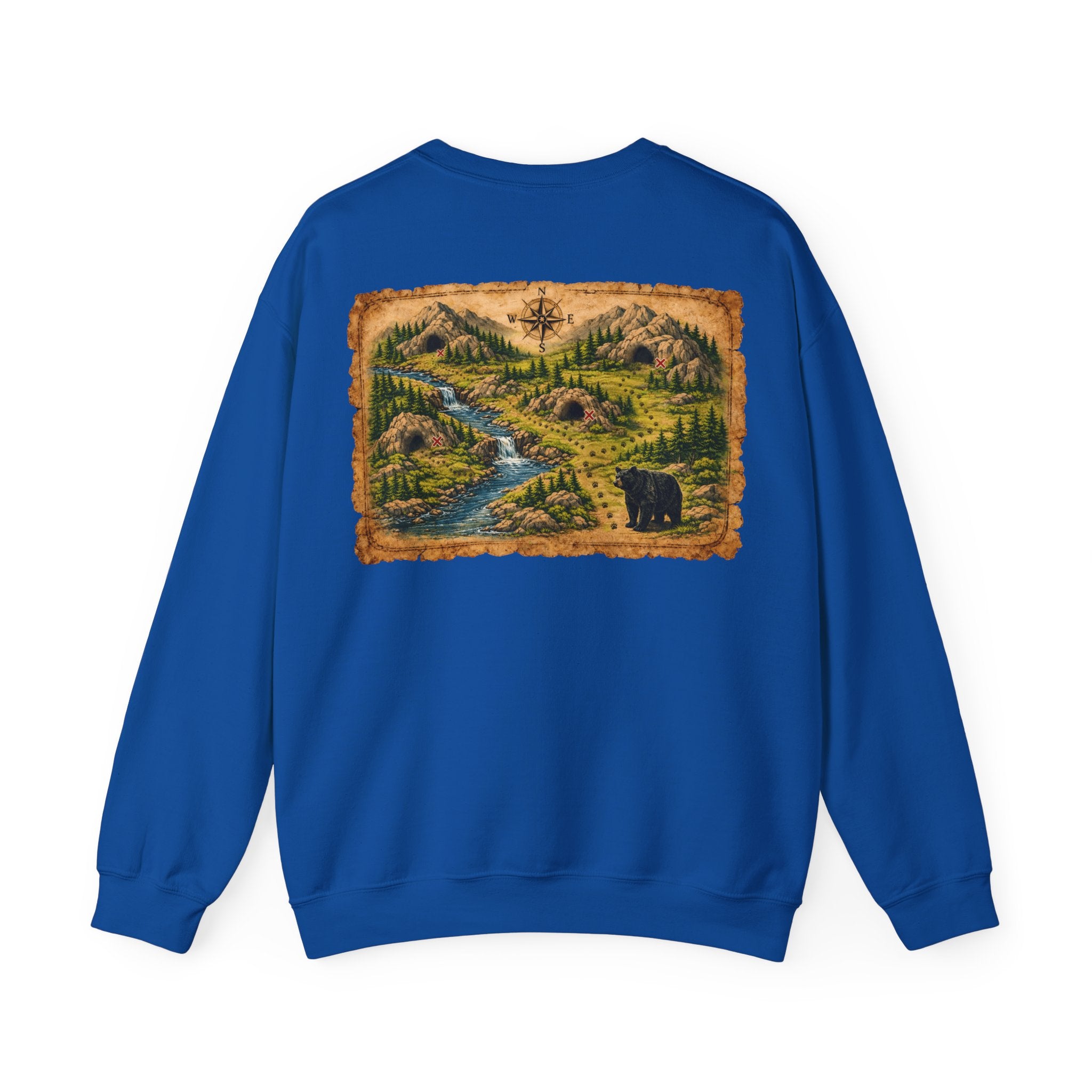 Bear Cave Treasure Map Unisex Crewneck Sweatshirt — Vintage Wilderness Map Graphic