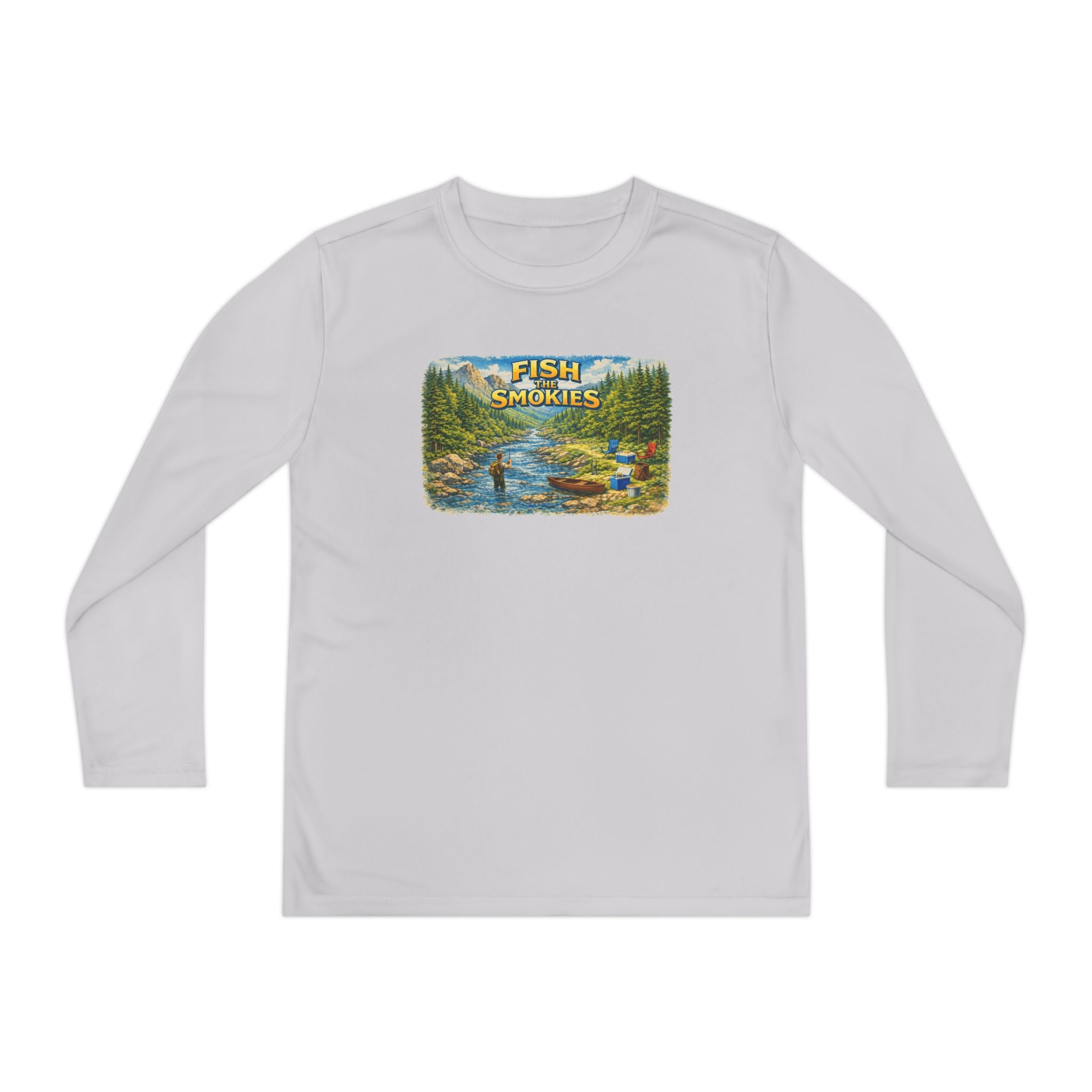 Youth Long Sleeve Tee - 'Fish Smokies' Scenic Fishing River Graphic