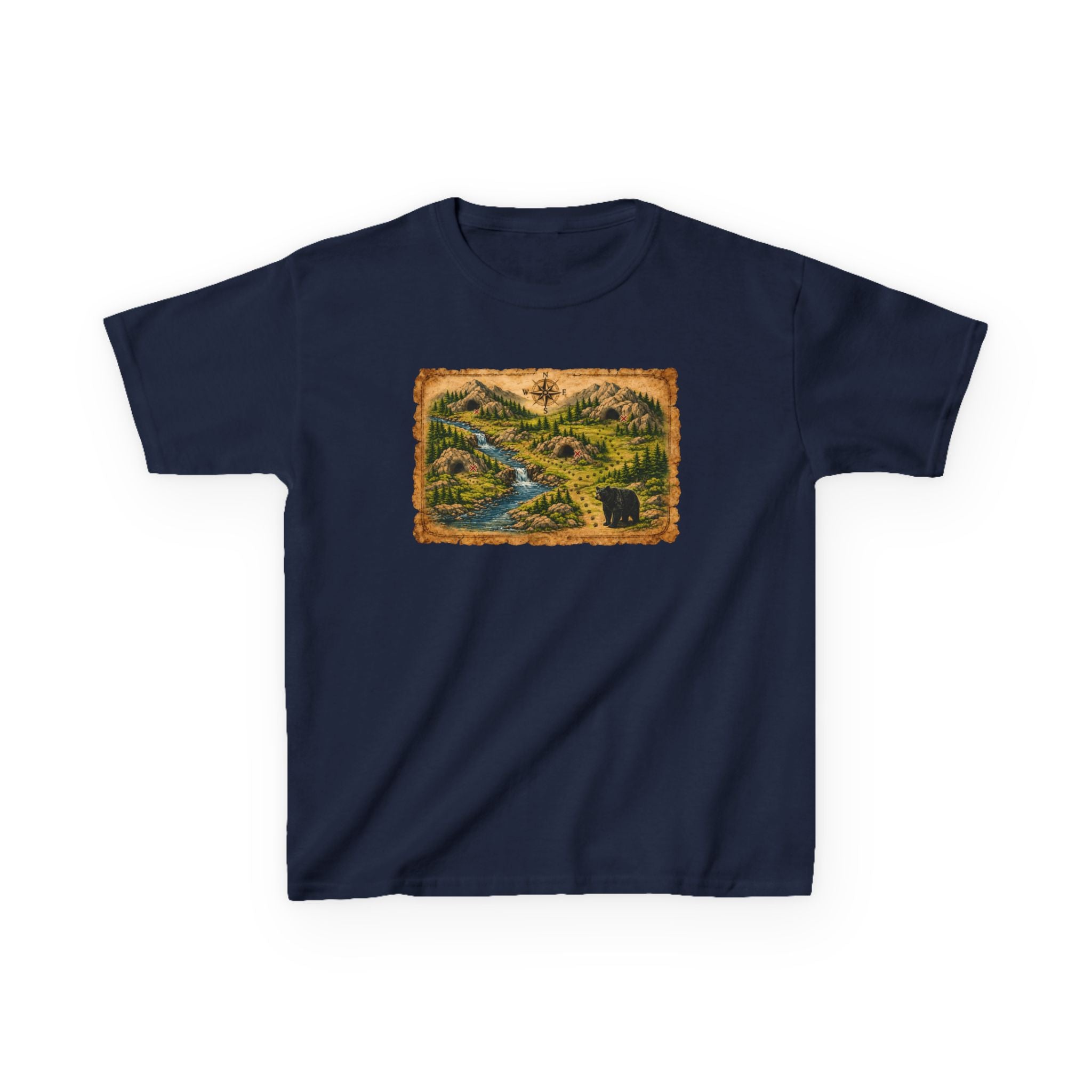 Kids Tee — Bear Cave Treasure Map "Which Cave Has the Bear?"