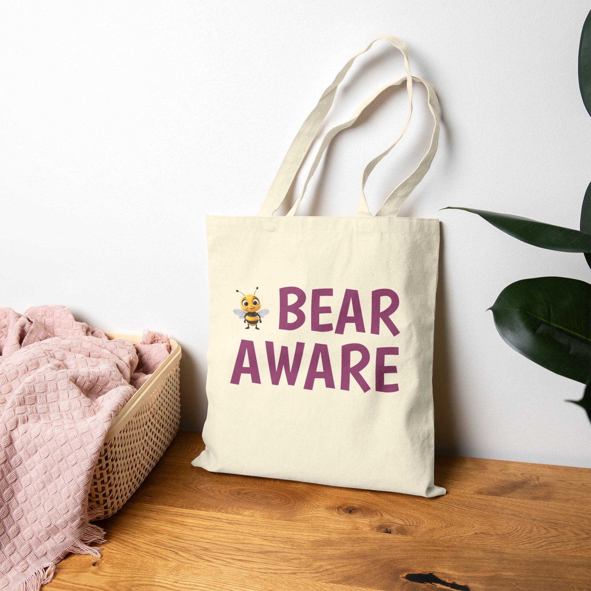Bear Aware Cotton Tote Bag — Cute Bee & 'BEAR AWARE' Eco Canvas Shopper
