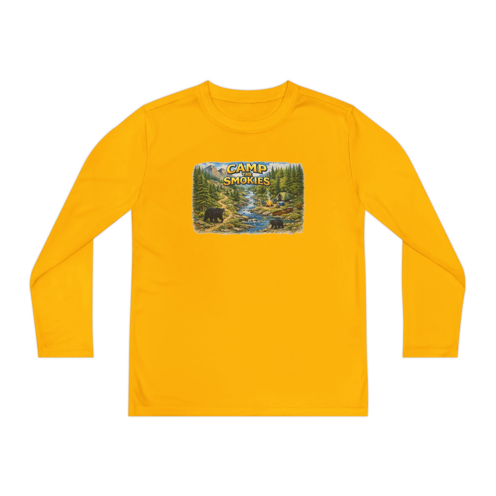 Camp Smokies Youth Long Sleeve Tee — Scenic Mountain River Camping Design