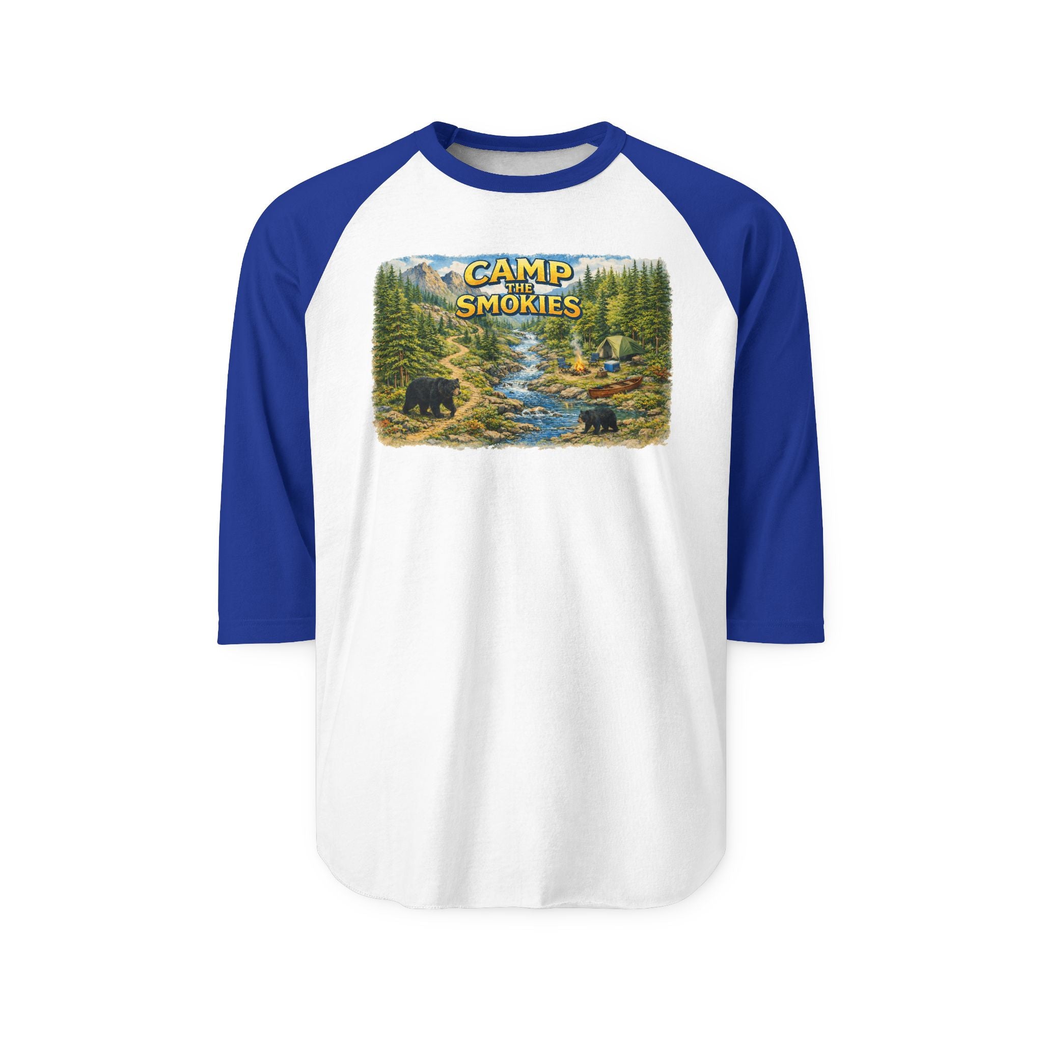 Camp The Smokies Unisex Raglan Shirt — Vintage Mountain Camping Baseball Tee