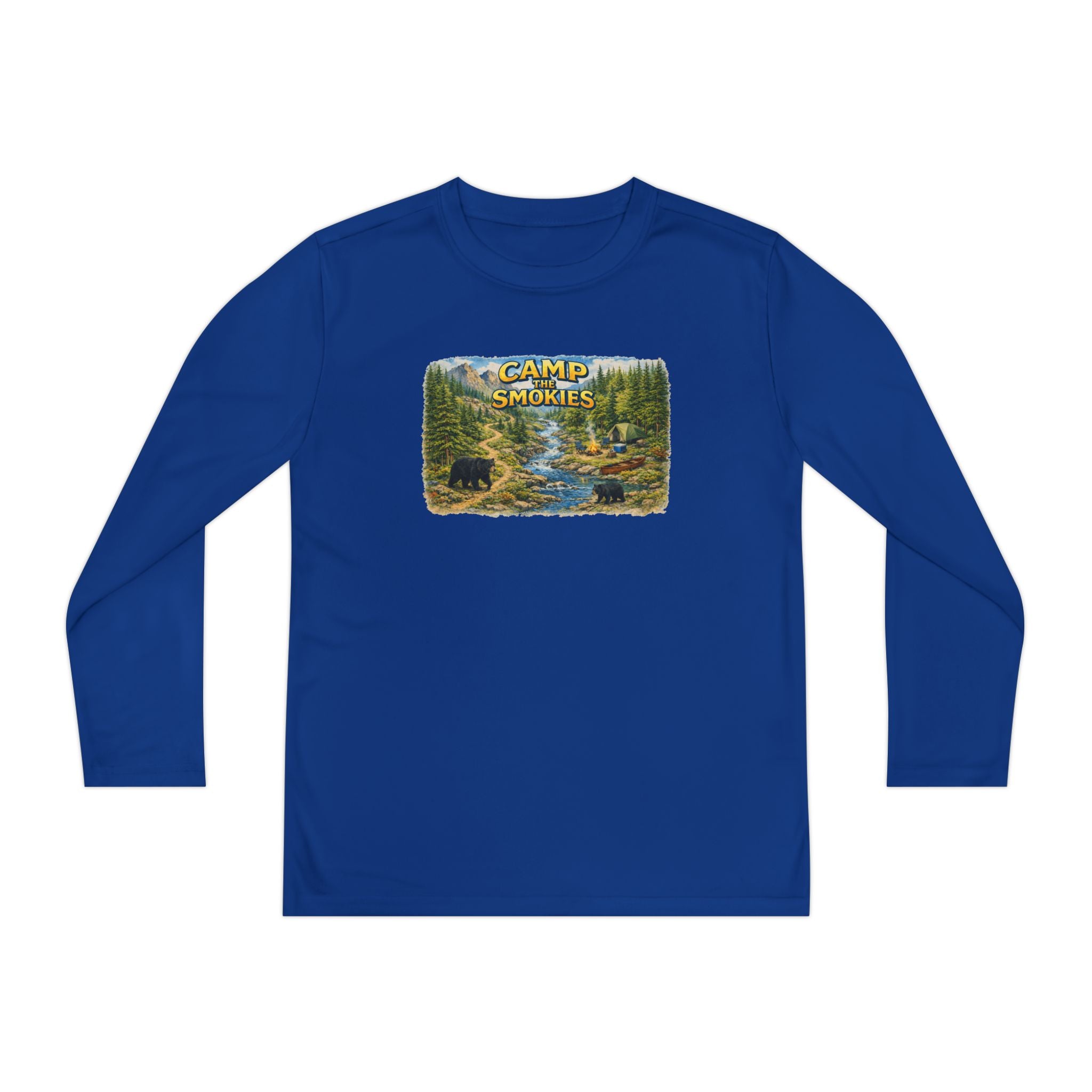 Camp Smokies Youth Long Sleeve Tee — Scenic Mountain River Camping Design
