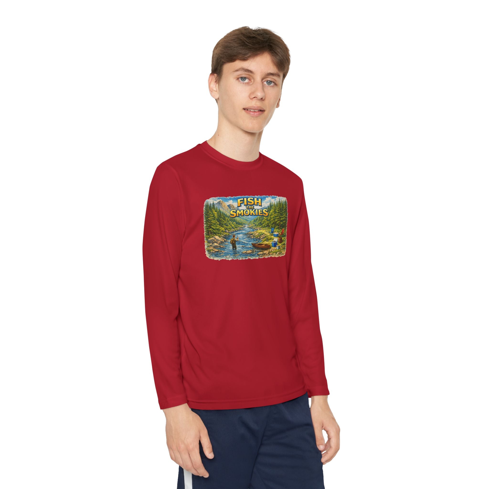 Youth Long Sleeve Tee - 'Fish Smokies' Scenic Fishing River Graphic