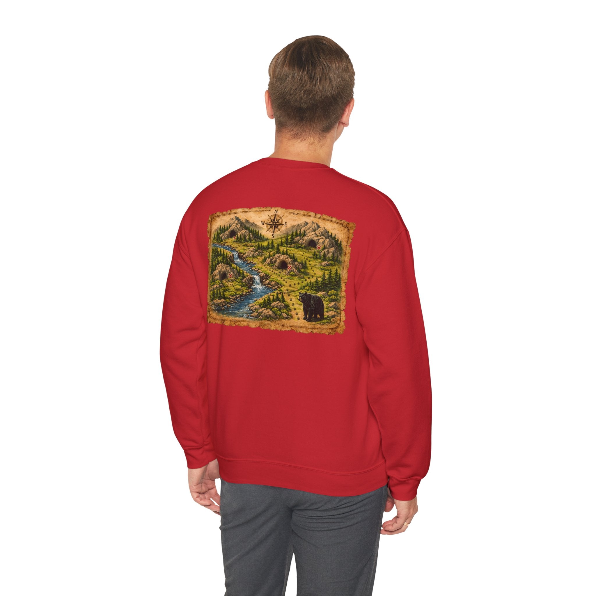 Bear Cave Treasure Map Unisex Crewneck Sweatshirt — Vintage Wilderness Map Graphic