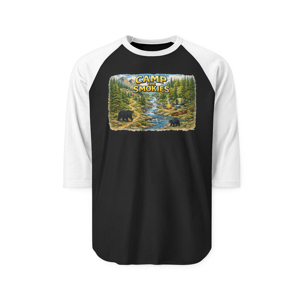 Camp The Smokies Unisex Raglan Shirt — Vintage Mountain Camping Baseball Tee