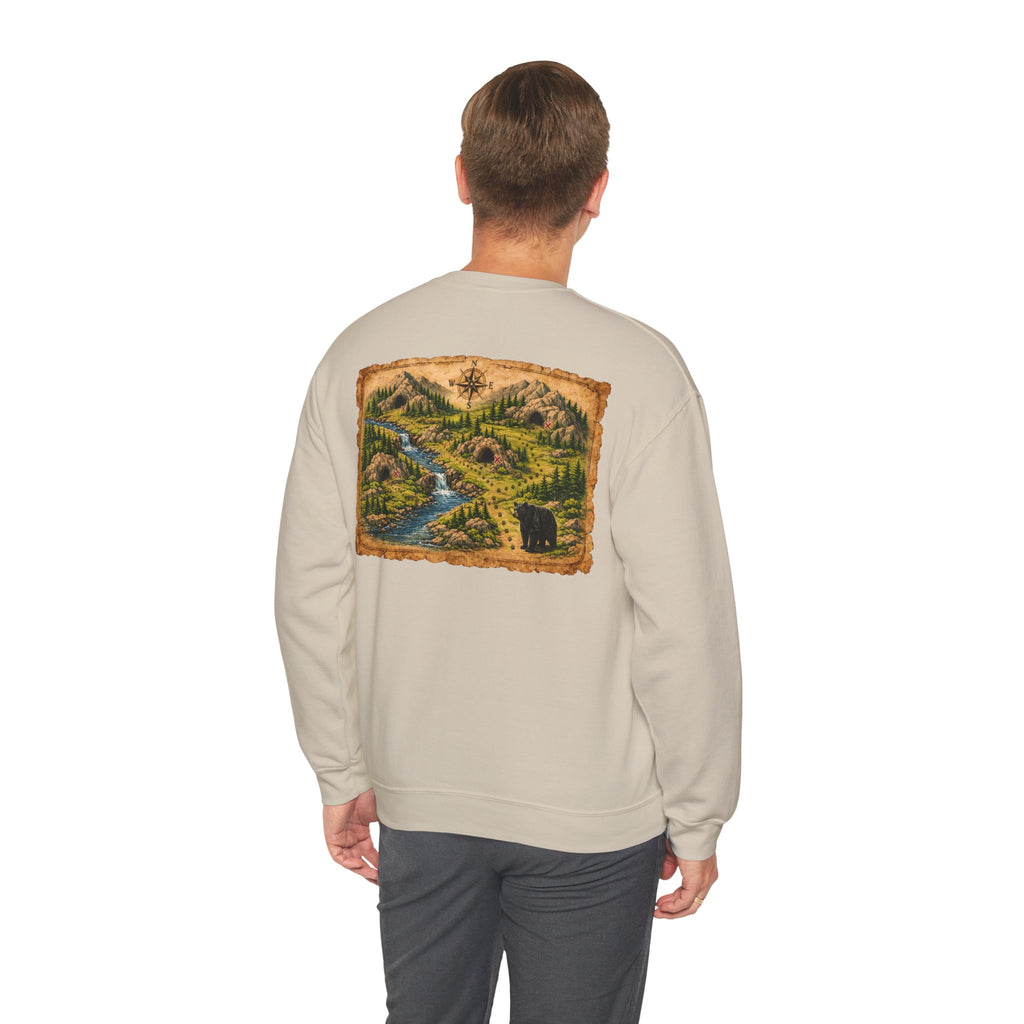 Bear Cave Treasure Map Unisex Crewneck Sweatshirt — Vintage Wilderness Map Graphic