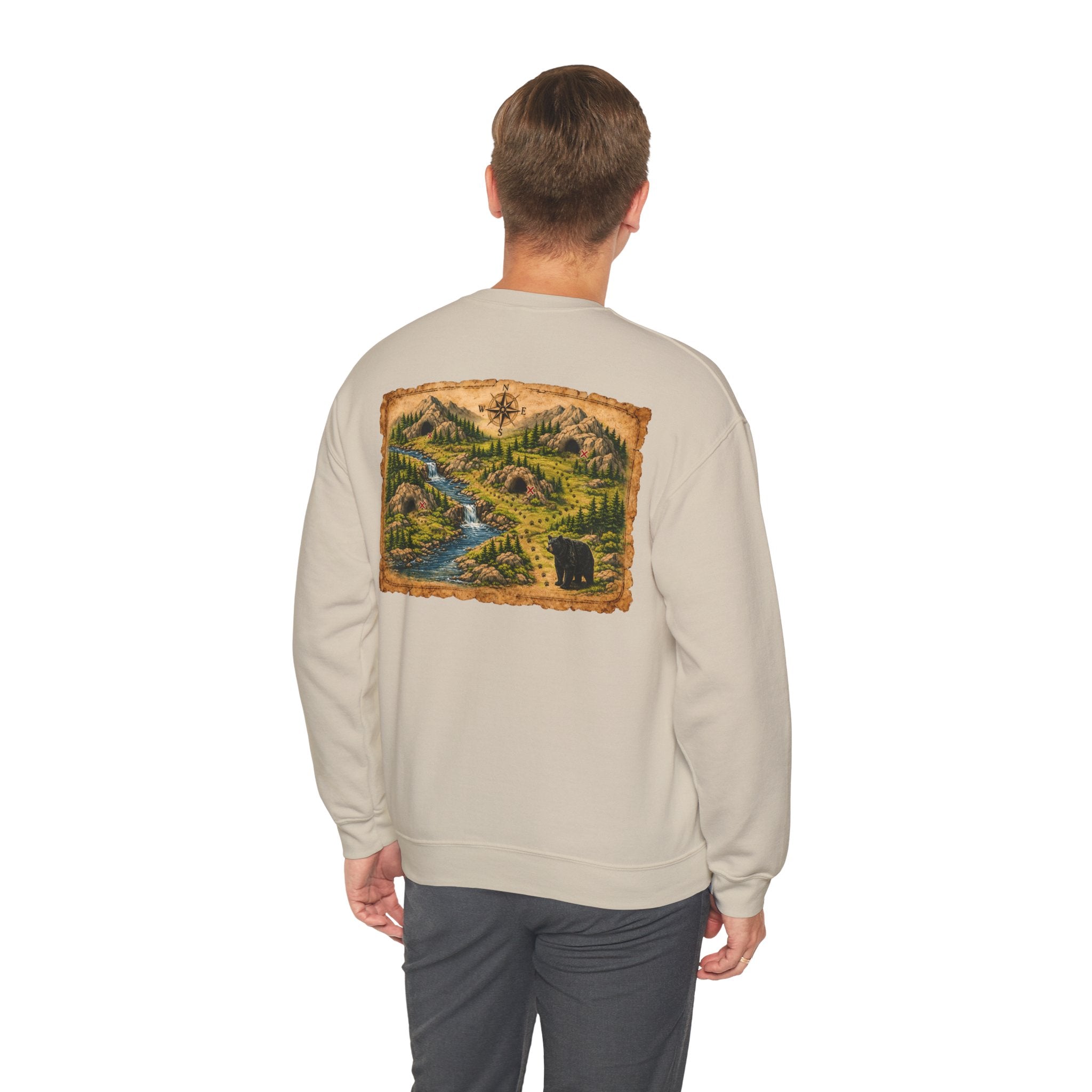 Bear Cave Treasure Map Unisex Crewneck Sweatshirt — Vintage Wilderness Map Graphic