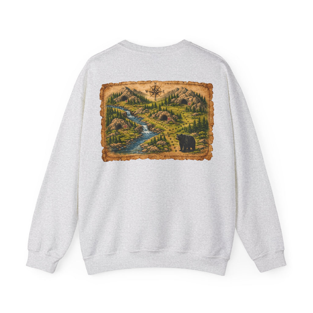 Bear Cave Treasure Map Unisex Crewneck Sweatshirt — Vintage Wilderness Map Graphic
