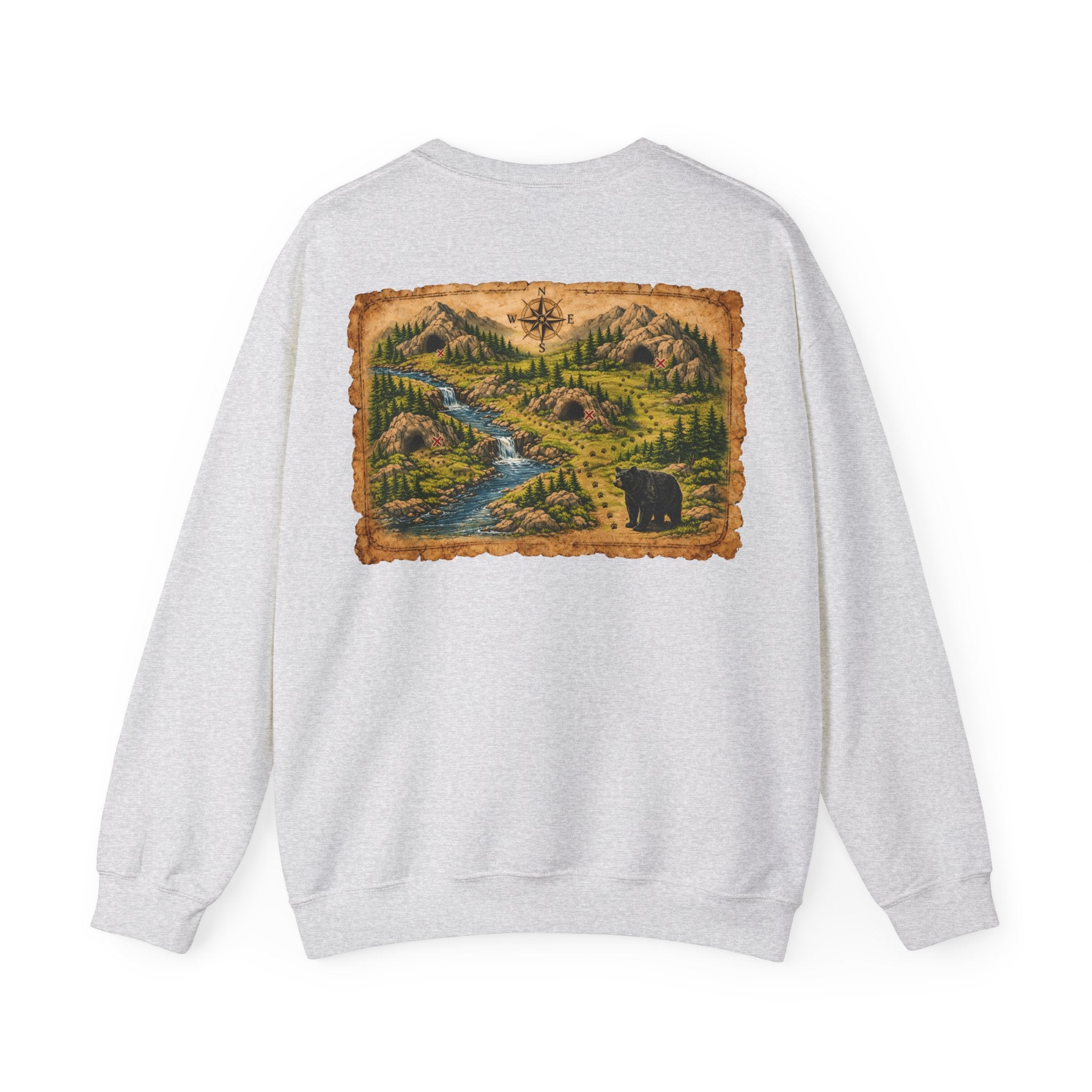 Bear Cave Treasure Map Unisex Crewneck Sweatshirt — Vintage Wilderness Map Graphic
