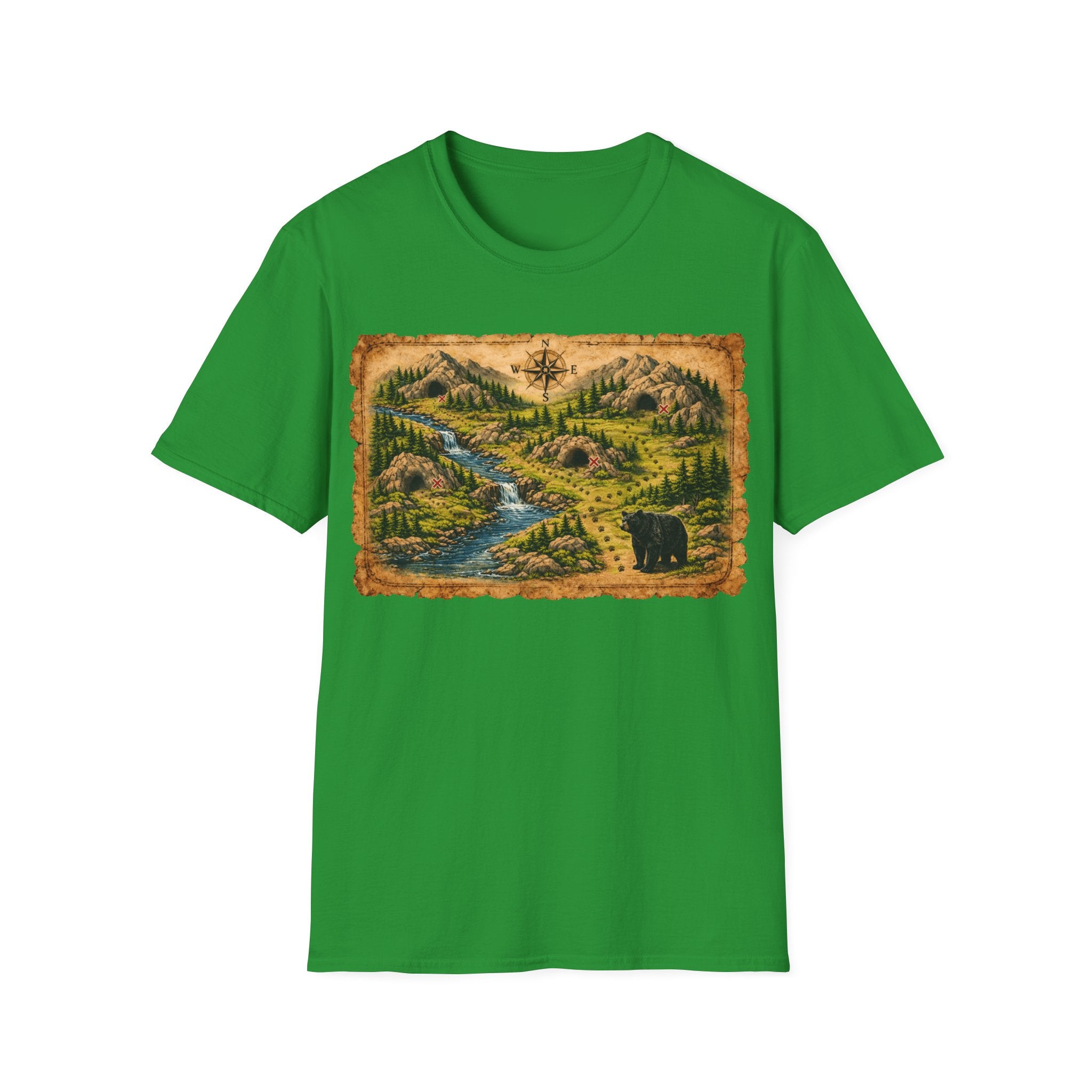 Adventure Map Unisex T-Shirt — Vintage Hiking Map with River & Bear Art