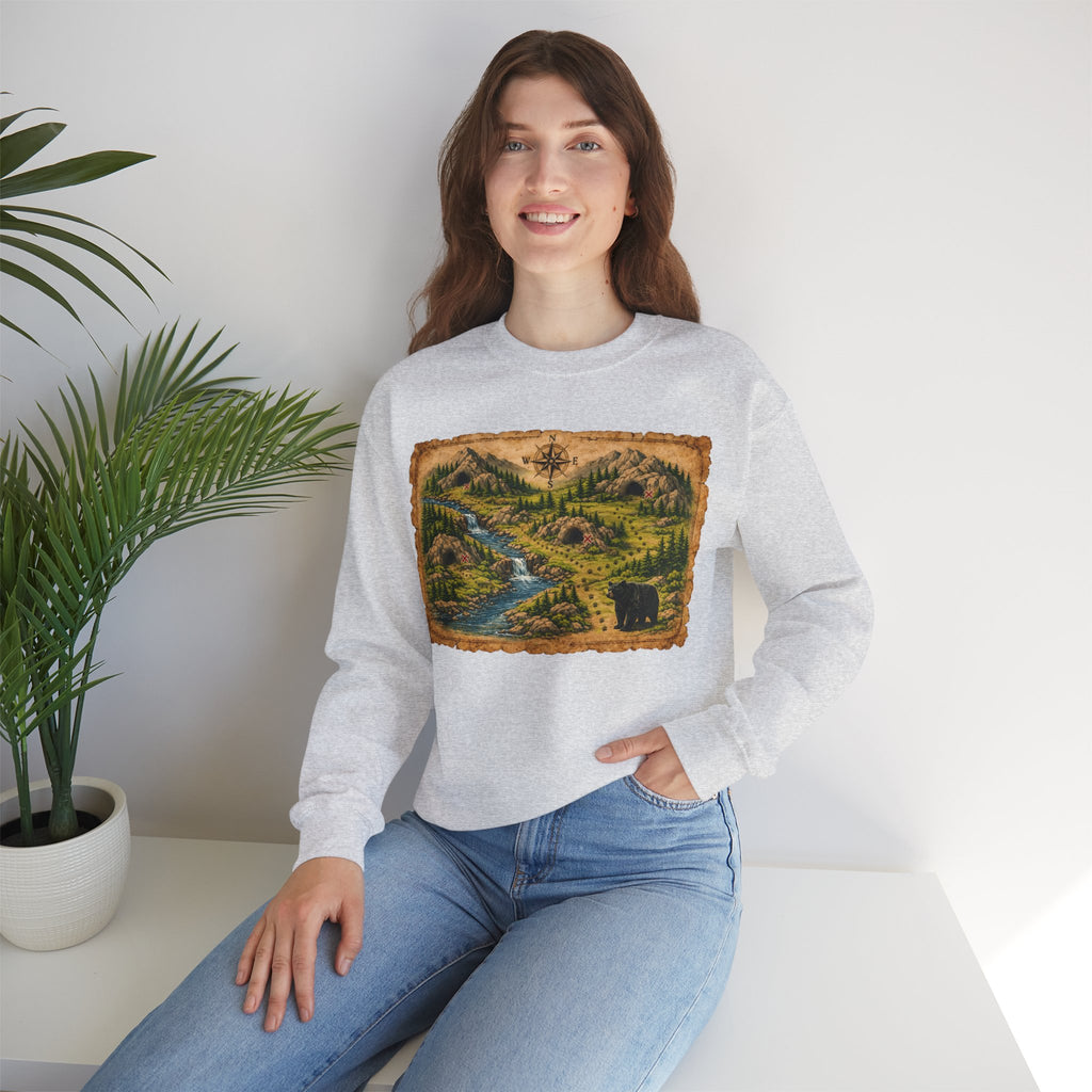 Bear Cave Treasure Map Unisex Crewneck Sweatshirt — Vintage Wilderness Map Graphic