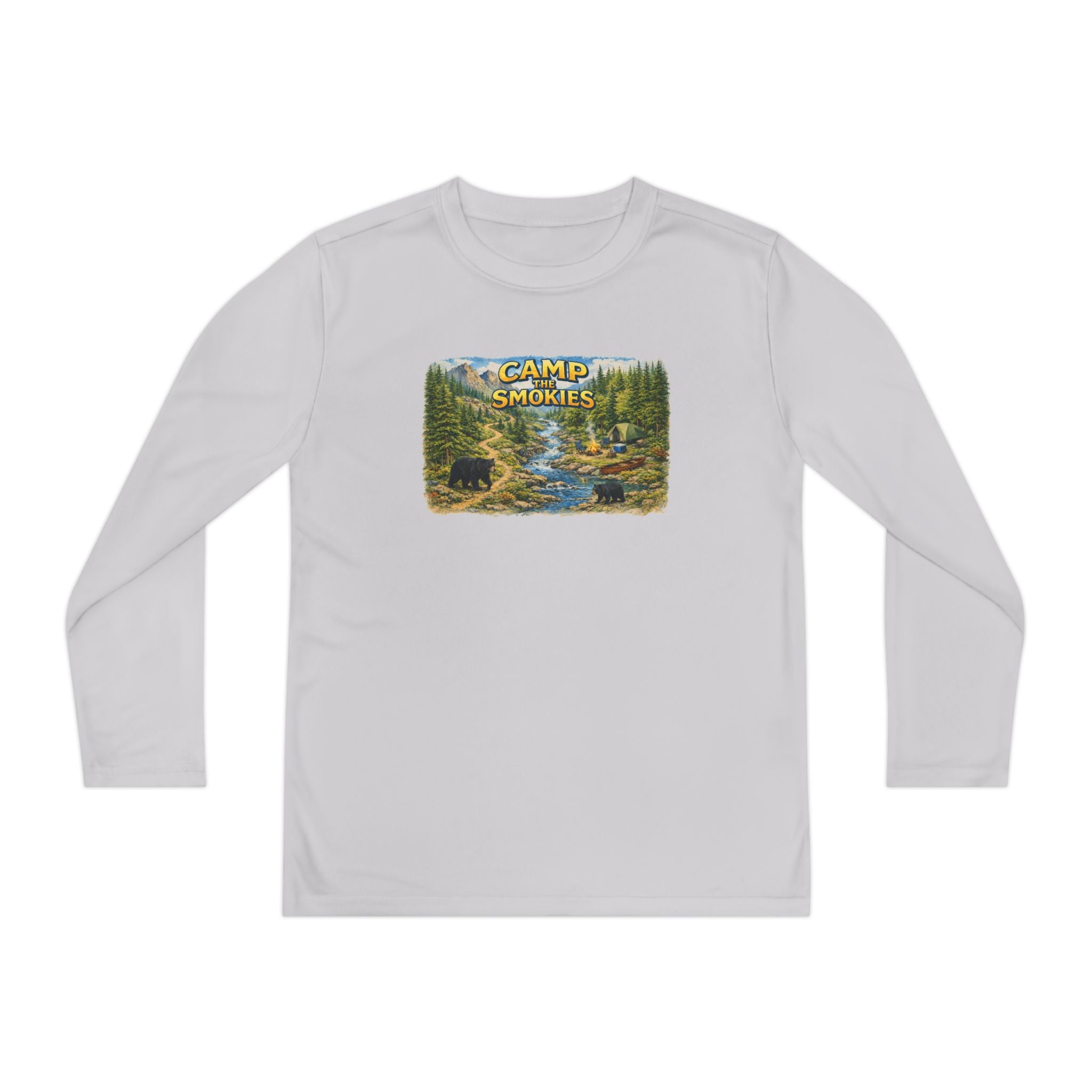 Camp Smokies Youth Long Sleeve Tee — Scenic Mountain River Camping Design