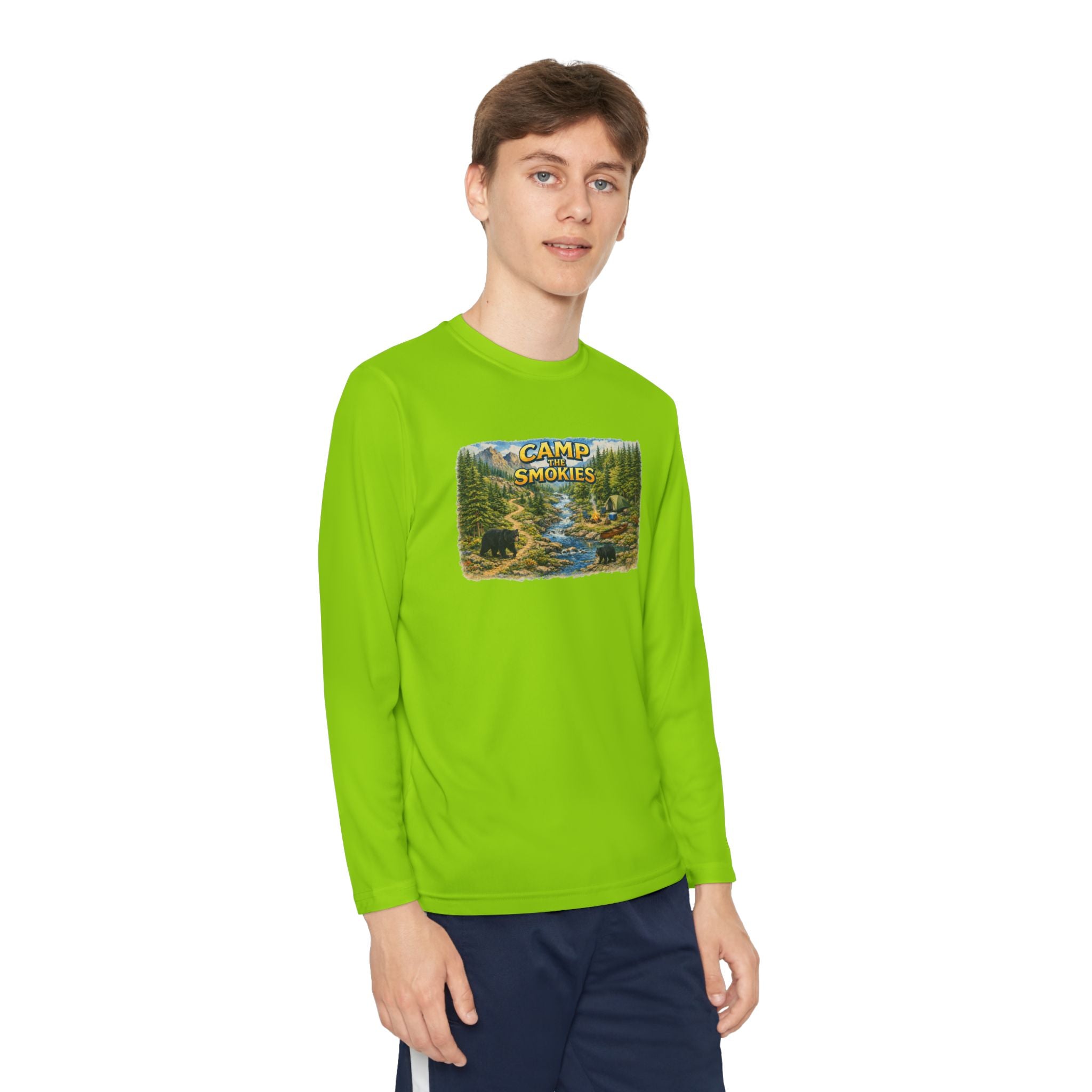 Camp Smokies Youth Long Sleeve Tee — Scenic Mountain River Camping Design