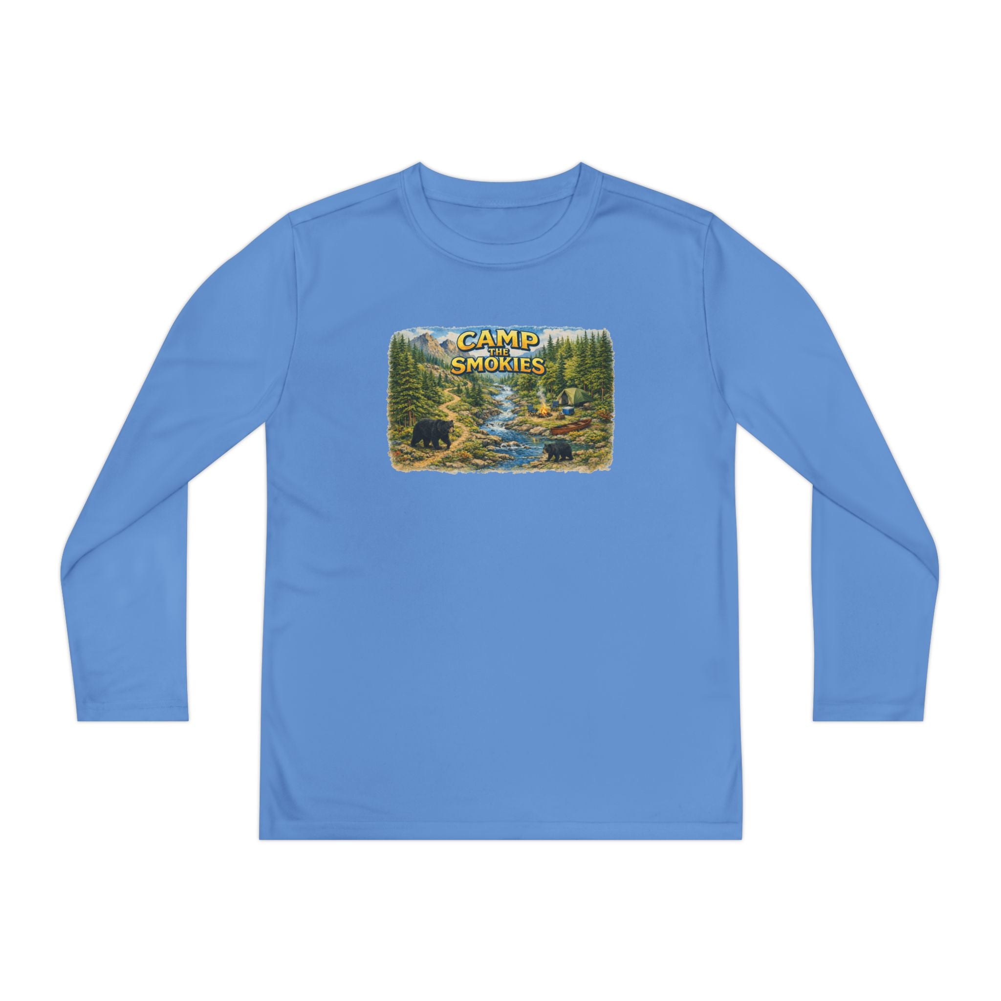 Camp Smokies Youth Long Sleeve Tee — Scenic Mountain River Camping Design