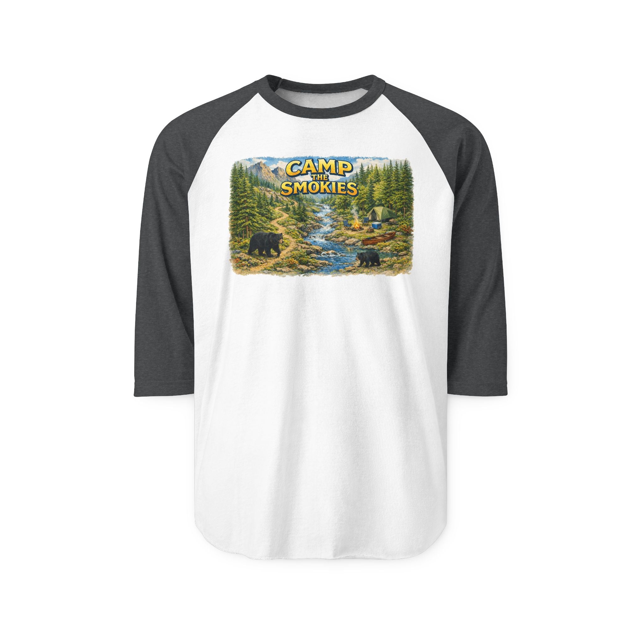 Camp The Smokies Unisex Raglan Shirt — Vintage Mountain Camping Baseball Tee