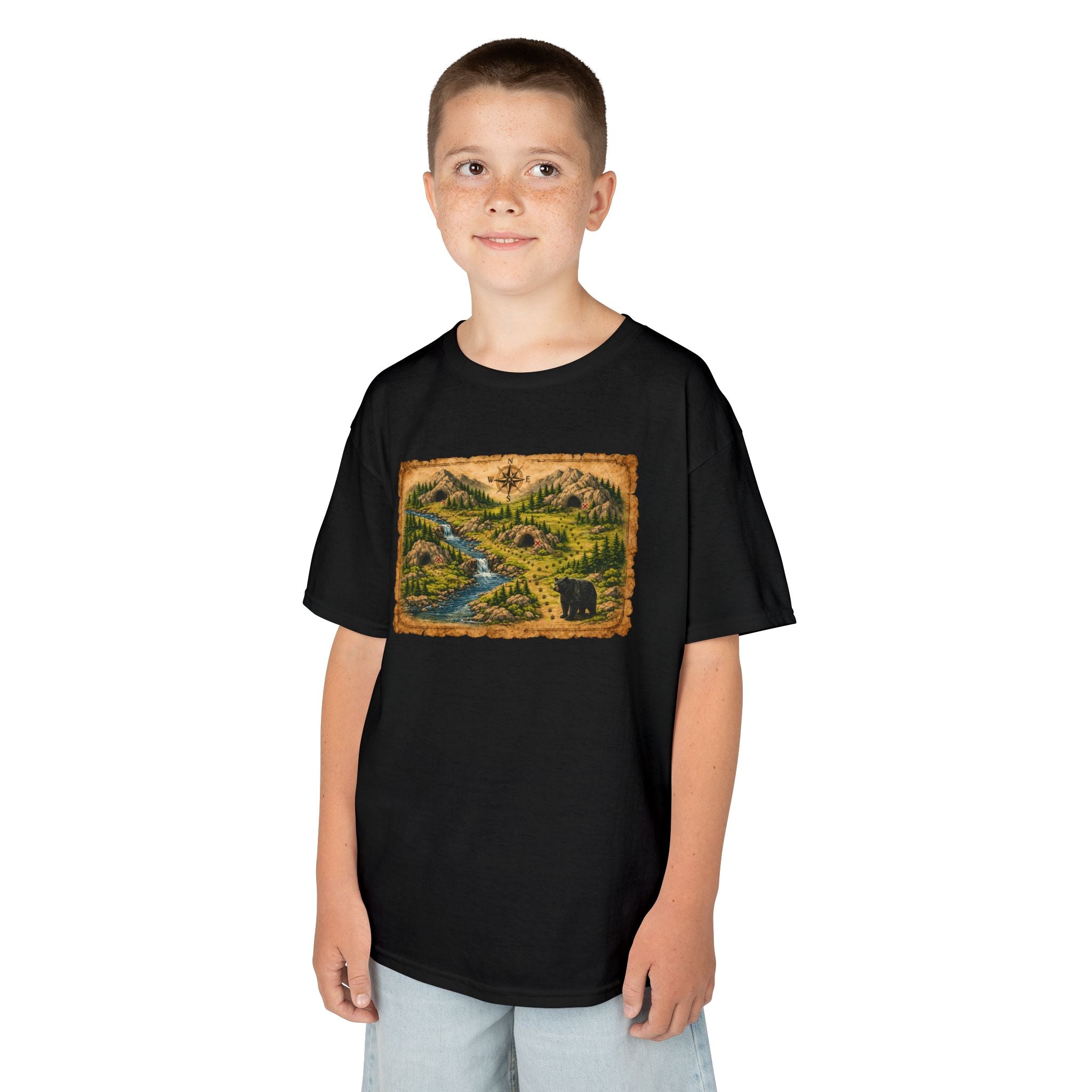 Kids Tee — Bear Cave Treasure Map "Which Cave Has the Bear?"