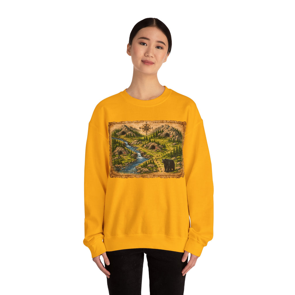 Bear Cave Treasure Map Unisex Crewneck Sweatshirt — Vintage Wilderness Map Graphic