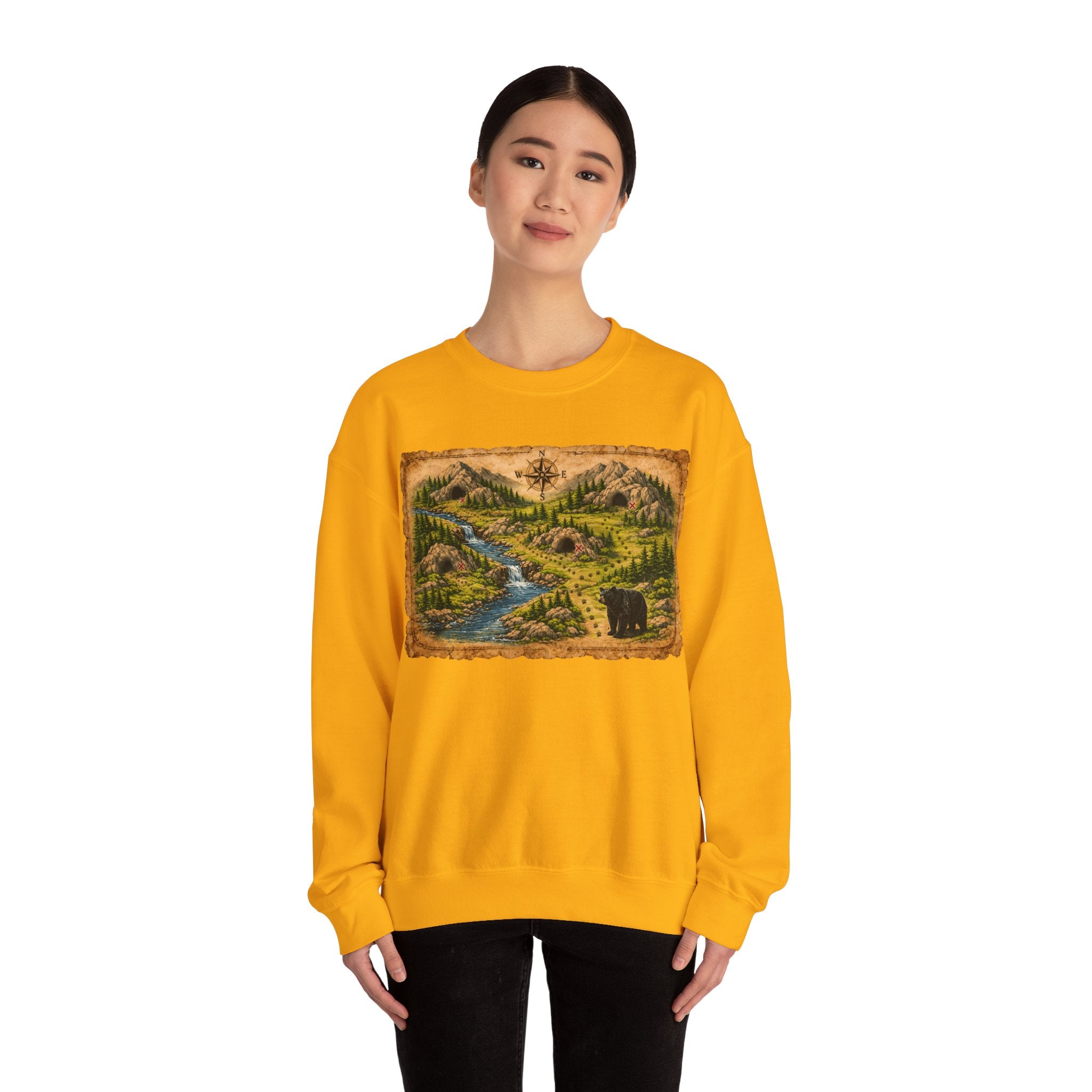 Bear Cave Treasure Map Unisex Crewneck Sweatshirt — Vintage Wilderness Map Graphic