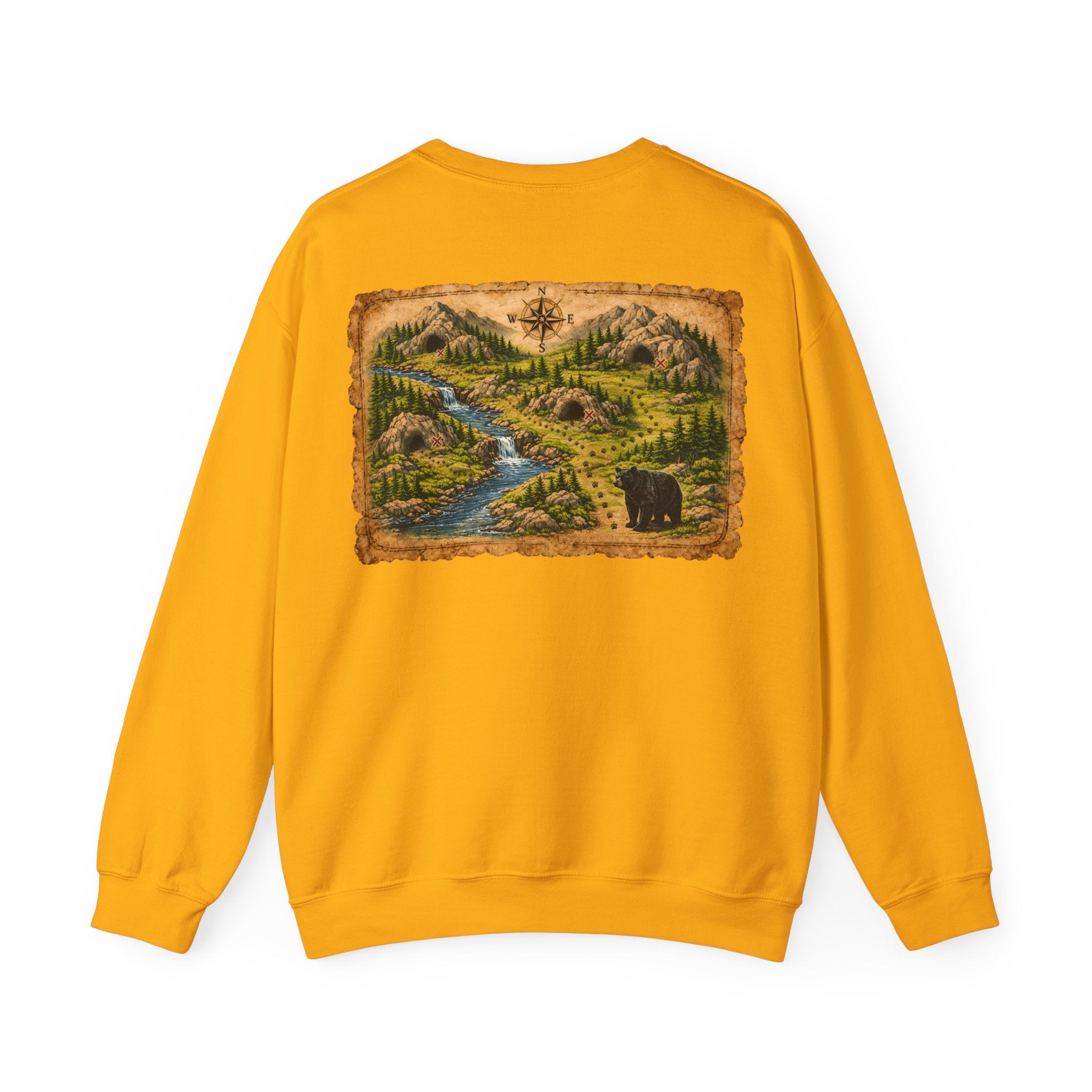 Bear Cave Treasure Map Unisex Crewneck Sweatshirt — Vintage Wilderness Map Graphic