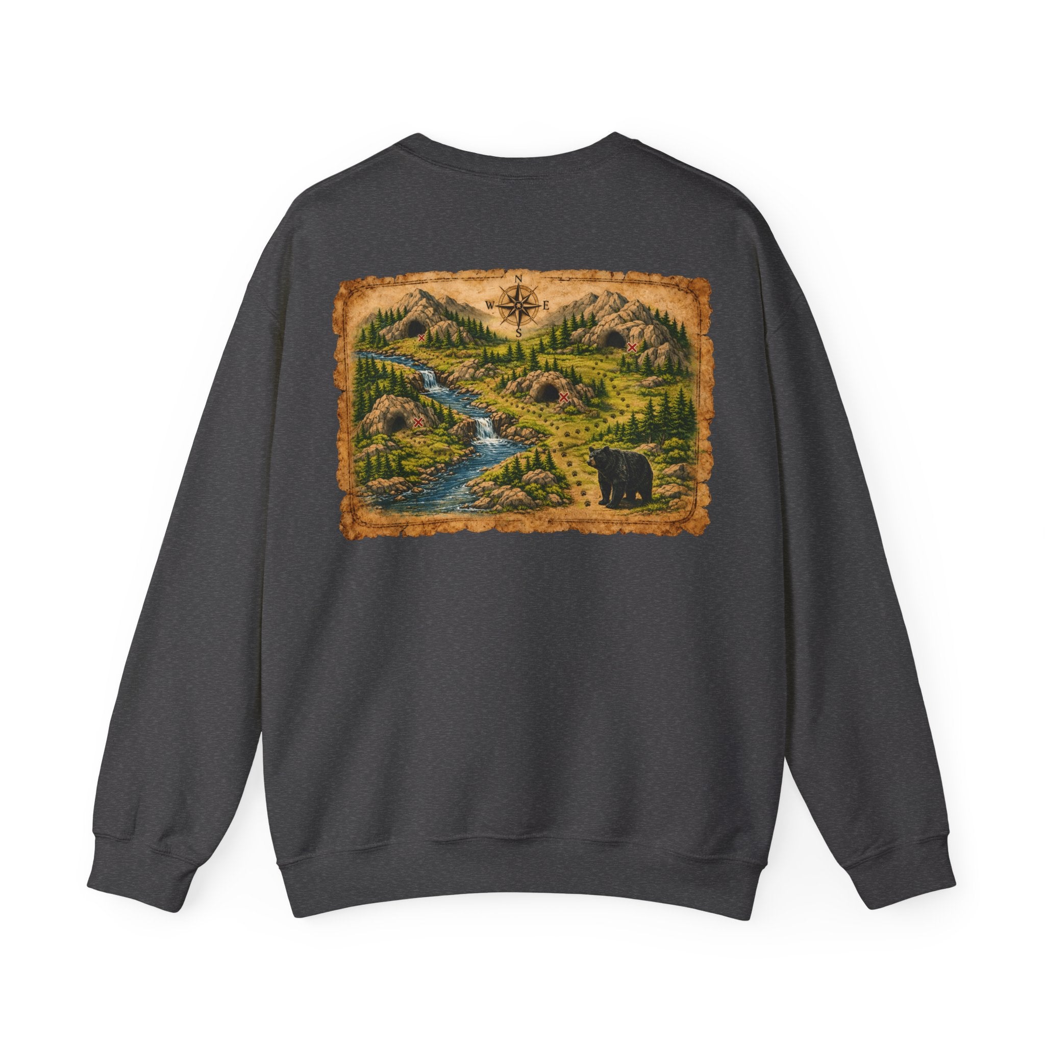 Bear Cave Treasure Map Unisex Crewneck Sweatshirt — Vintage Wilderness Map Graphic